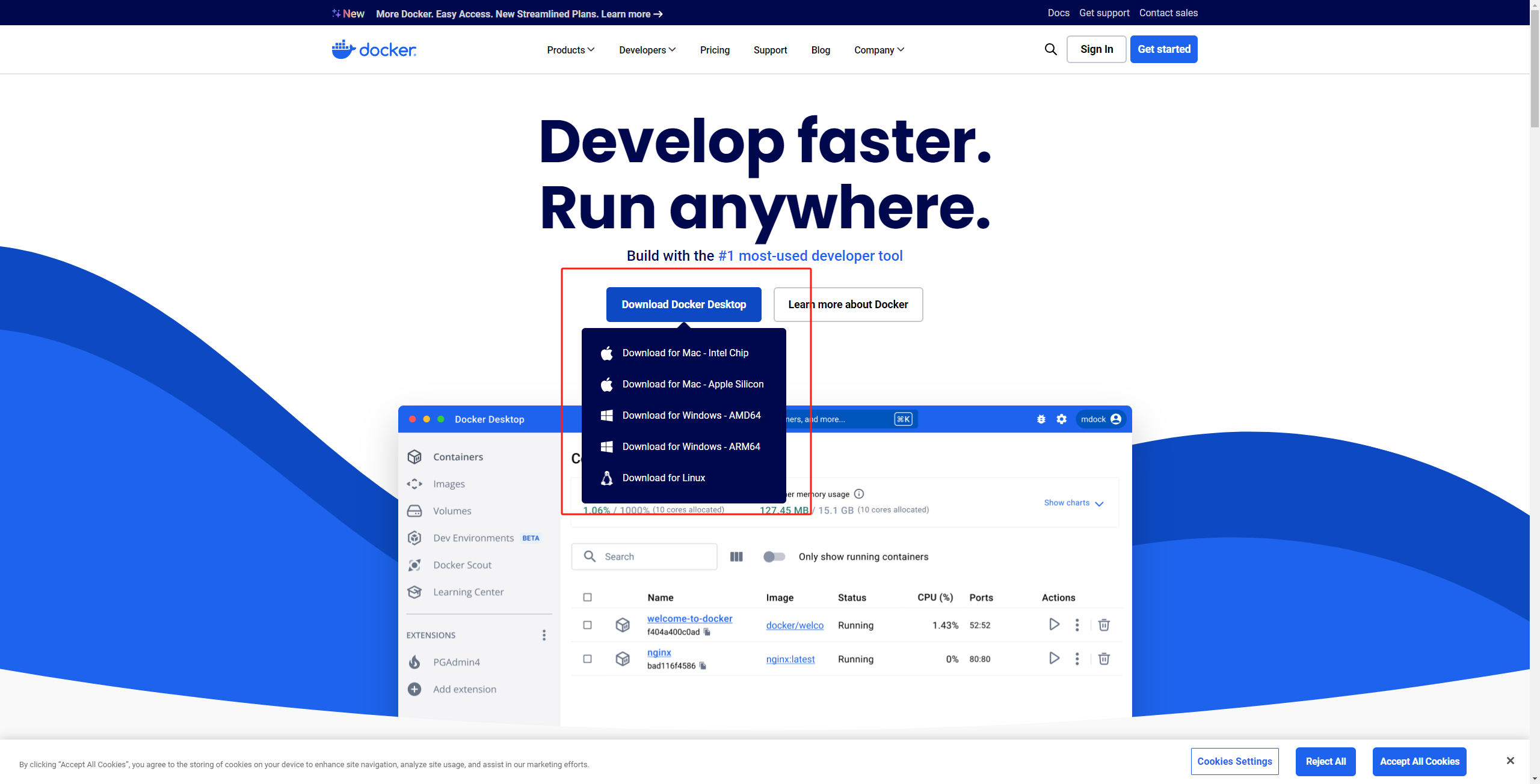 图片展示了Docker官网页面,页面上方有导航栏,中间大标题为“Develop faster. Run anywhere.”。页面中部有“Download Docker Desktop”按钮,下方列出不同操作系统版本的下载选项,如“Download for Windows - ARM64”等。页面右侧有容器、镜像、卷等图标及对应说明,底部有“Cookies Settings”“Accept All Cookies”按钮。图片与上下文关系紧密,直观呈现了安装Docker前需下载安装包的官网页面,辅助说明安装Docker的步骤。