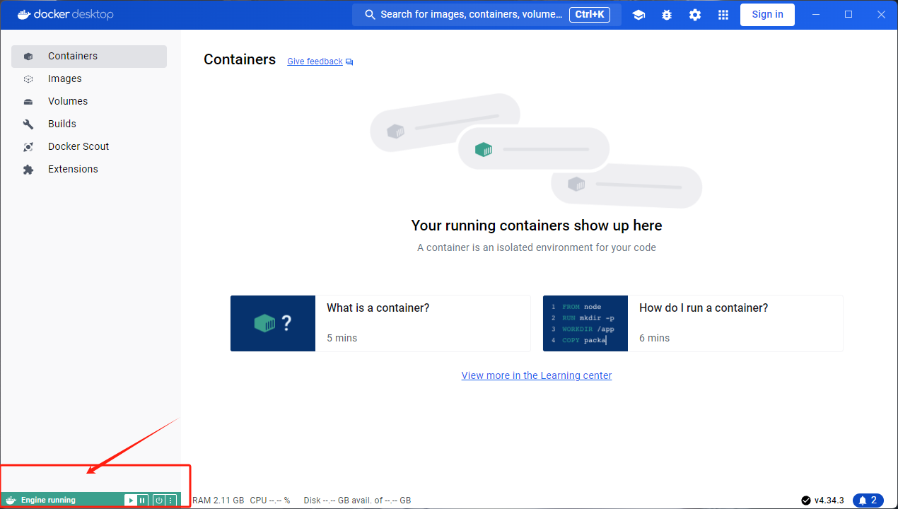 图片展示了Docker Desktop的界面,左侧导航栏选中“Containers”。画面中显示“Your running containers show up here”,并有“Engine running”字样,下方有三个图标,分别是“Stop”“Pause”“Restart”。该图片与文档中“启动Docker”部分内容相关,用于说明在Docker Desktop中启动Docker后,可在此界面查看运行容器的状态,以及对容器进行操作。