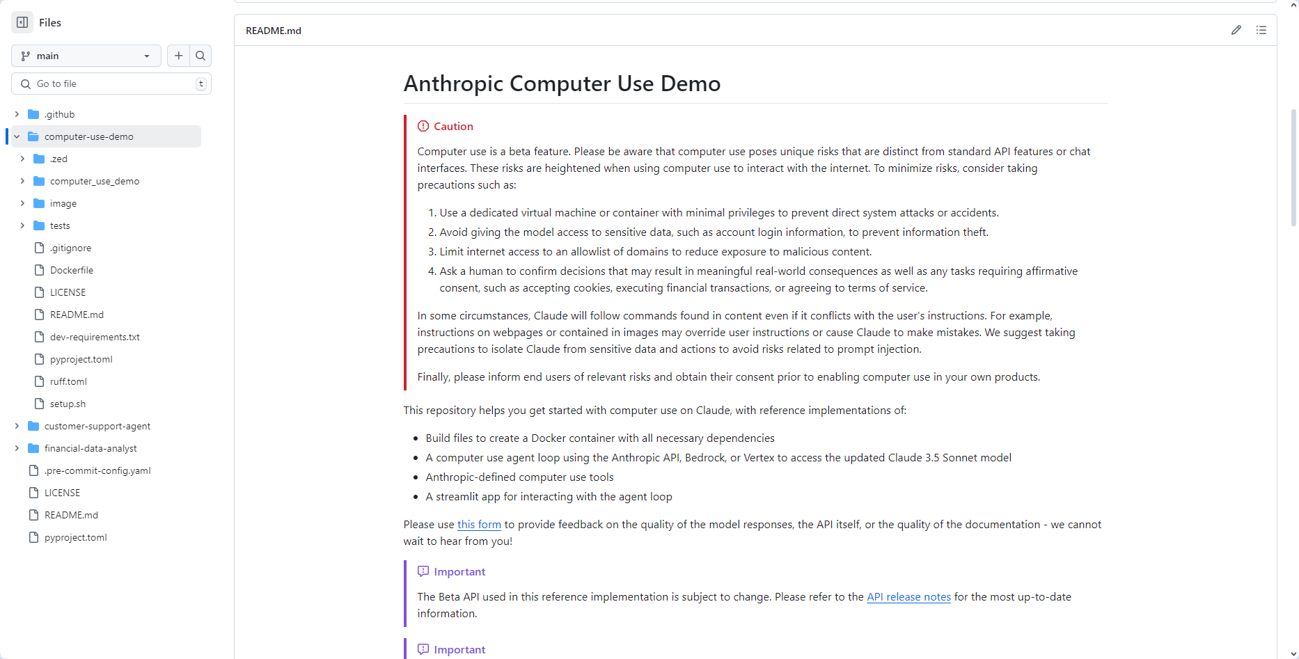 图片展示的是Anthropic Computer Use Demo的相关内容。左侧是文件目录,包含main、github、zmd、Computer_use_demo等文件夹及README.md等文件。右侧是README.md文档,标题为“Anthropic Computer Use Demo”,内容包含使用注意事项、安全建议、参考实现等,如使用专用虚拟机或容器、避免访问敏感数据、限制互联网访问范围等。该图片与文档中介绍Anthropic Computer Use功能的上下文相关,是对文档中部分内容的直观呈现。