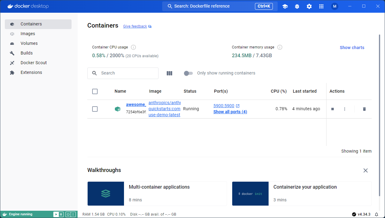 图片展示的是Docker Desktop的容器管理界面。左侧导航栏选中“Containers”。右侧显示容器CPU使用率为0.58%,内存使用率为234.5MB / 7.43GB。列表中有一个正在运行的容器,名称为“awesome”,镜像为“anthropic/anthropic-quickstarts.com:use-demo-latest”,状态为Running,端口为5900,CPU使用率为0.78%,启动时间为4分钟前。该图与文档中启动Docker并访问http://localhost:8080后在侧边栏输入API Key的操作步骤相关,展示了容器运行情况。