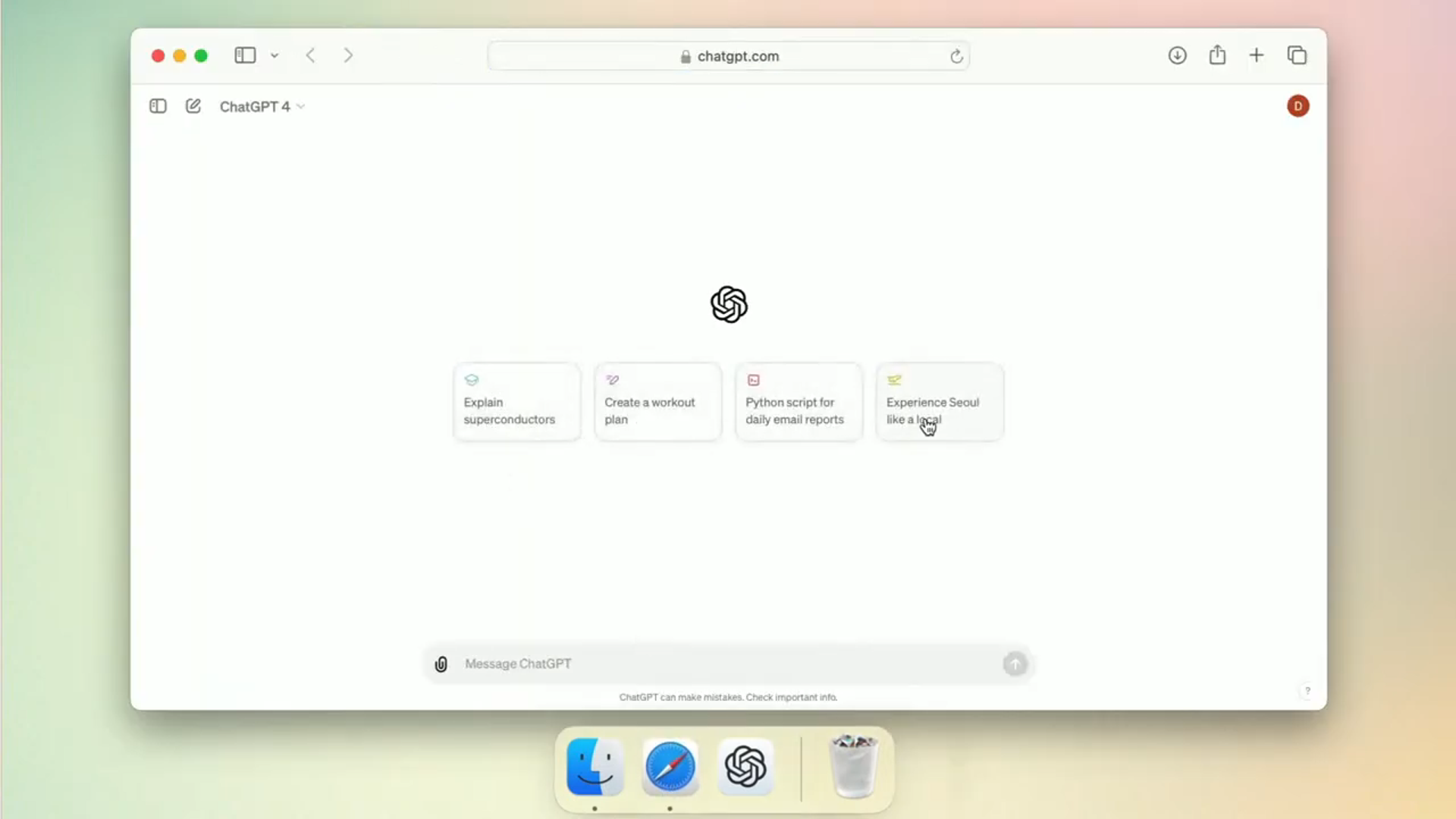 图片展示了ChatGPT 4在桌面浏览器中的用户界面。界面顶部显示网址“chatgpt.com”，左上角标有“ChatGPT 4”字样。界面中央有OpenAI的标志，下方排列着四个示例提示按钮，分别是“Explain superconductors”“Create a workout plan”“Python script for daily email reports”“Experience Seoul like a local” 。底部有输入框，显示“Message ChatGPT”提示语。该图片与上下文“桌面应用程序和新的用户界面”相关，直观呈现了ChatGPT 4桌面应用的部分界面样式。