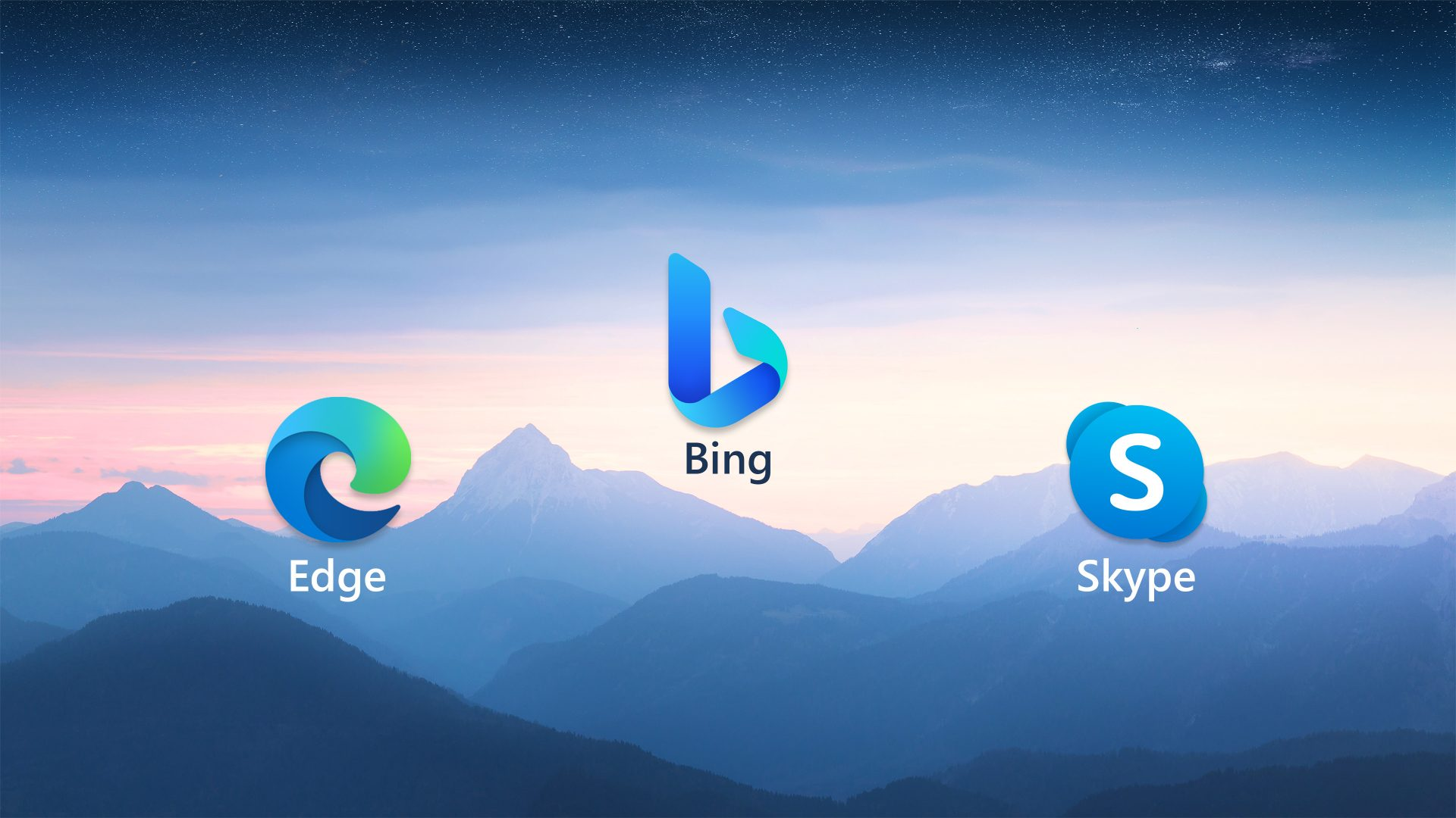 图片展示了微软的Edge浏览器、Bing搜索引擎以及Skype通讯软件的图标,背景是山峦与天空。图标颜色鲜明,Edge为蓝绿渐变,Bing以蓝色为主,Skype为纯蓝色。图片位于介绍微软2月7日推出集成ChatGPT的新版搜索引擎“新必应”的内容之后,与上下文相呼应,直观呈现了微软相关产品,突出其在搜索引擎等领域的布局。