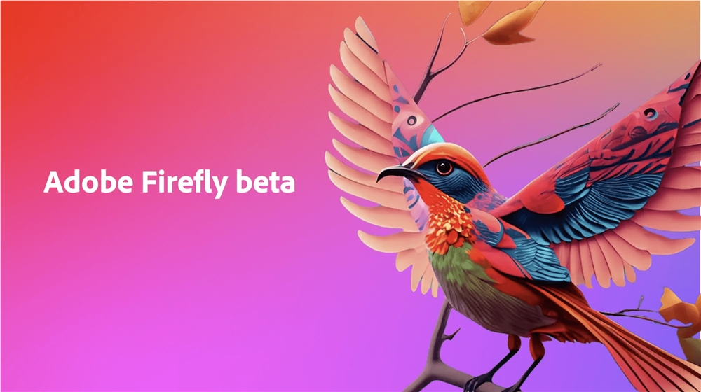 图片展示了Adobe Firefly beta的宣传图。背景为渐变色,从左至右由橙色过渡到紫色。画面右侧是一只色彩斑斓的鸟,翅膀展开,羽毛呈现红、蓝、绿等多种颜色,鸟身部分为棕色。左侧白色文字“Adobe Firefly beta”清晰可见。该图片与文档中“3月22日:Adobe推出AI图像生成器Adobe Firefly”内容相关,直观呈现了Adobe Firefly这一AI图像生成器的形象。