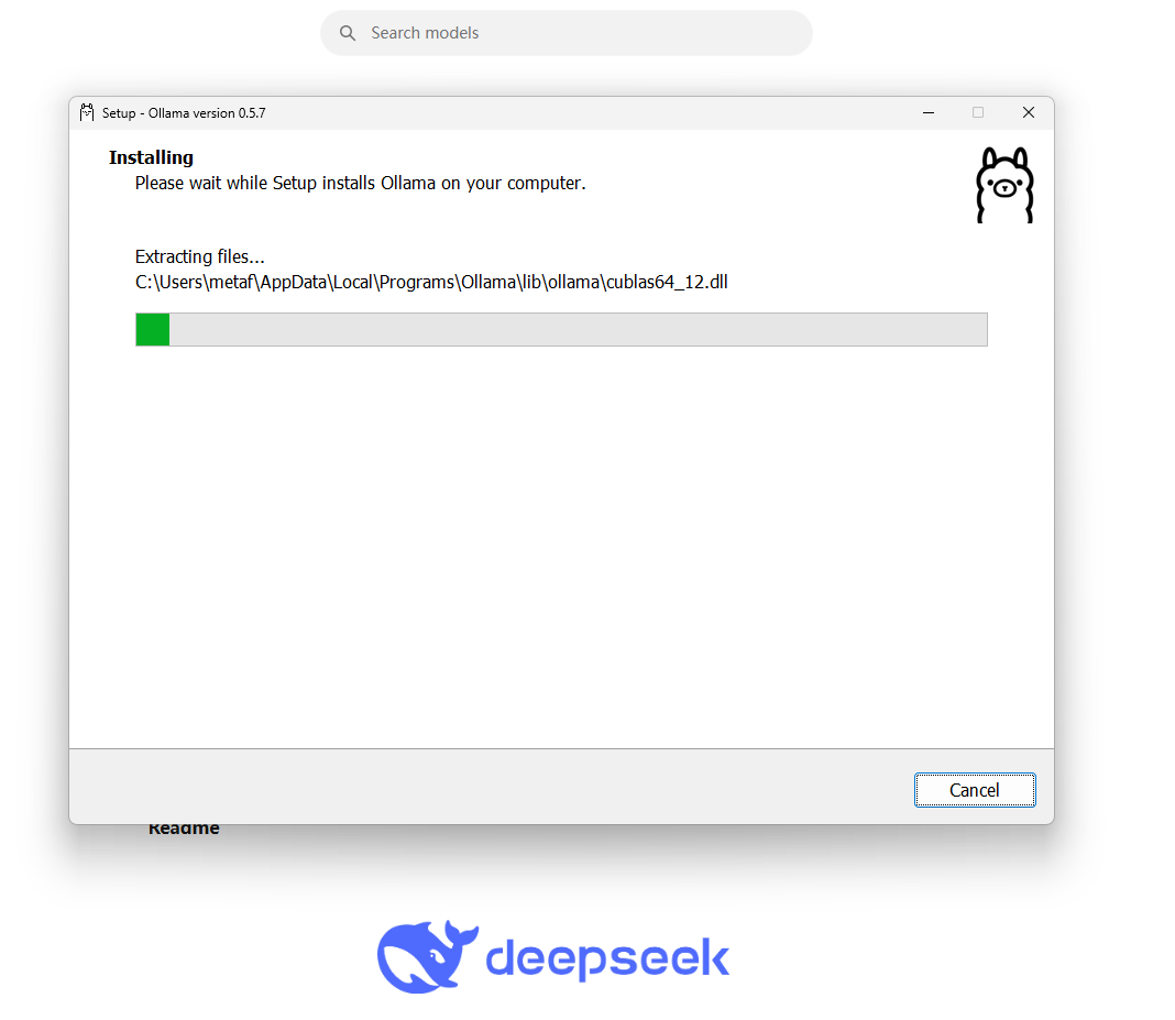 图片展示的是Ollama安装过程中的界面。界面上方显示“Setup - Ollama version 0.3.7”,中间区域显示“Installing. Please wait while Setup installs Ollama on your computer.”,并在下方有文件提取路径“C:\Users\me\AppData\local\Programs\Ollama\lib\ollama\ublas64_12.dll”,同时有绿色进度条显示安装进度。右下角有“Cancel”按钮。这张图片与文档中“下载安装包之后,一直点击下一步安装即可”的上下文对应,直观呈现了安装时的状态。