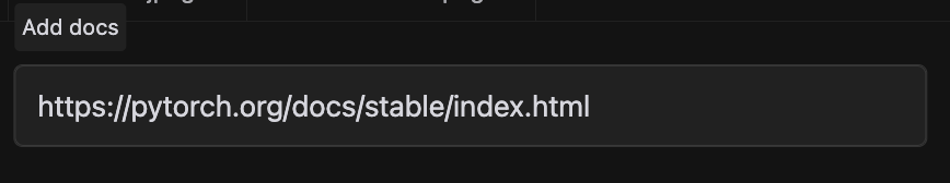 图片显示了一个网页链接，链接地址为https://pytorch.org/docs/stable/index.html。这表明用户正在尝试添加一个PyTorch文档条目。图片在上下文中起到展示用户输入的文档URL的作用，帮助用户确认即将添加的文档内容。