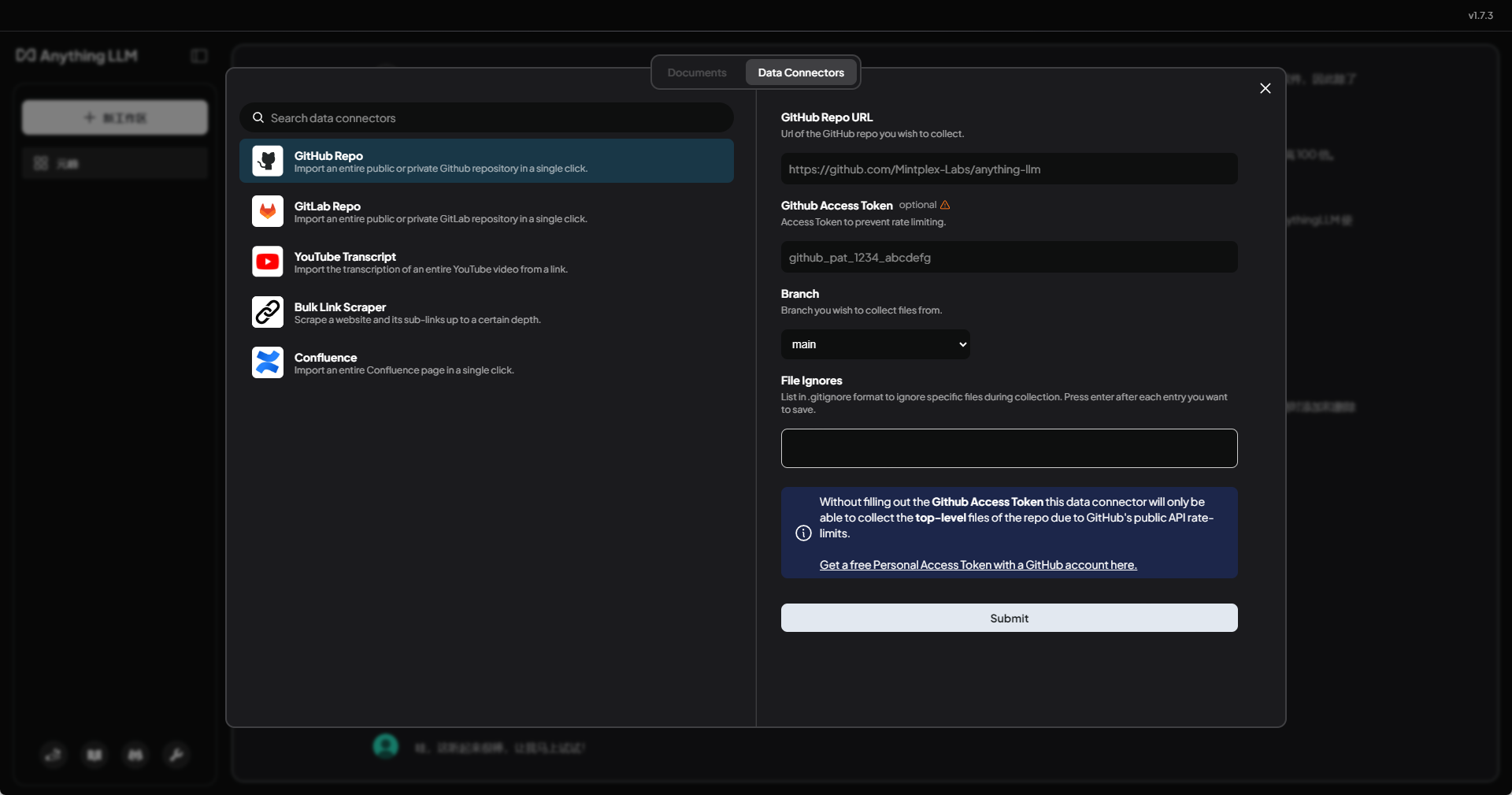 图片展示的是AnythingLLM的Data Connectors界面。左侧有多个数据连接选项,如GitHub Repos、GitLab Repo、YouTube Transcript等。右侧弹出的GitHub Repos数据连接窗口中,显示了GitHub Repo URL、GitHub Access Token、Branch、File ignores等输入框,其中Branch被设置为“main”,并有提示未填写Access Token时仅能收集公开仓库的顶层文件。该图片与文档中“上传文档”部分上下文相关,用于说明在Data Connectors中获取数据的操作。