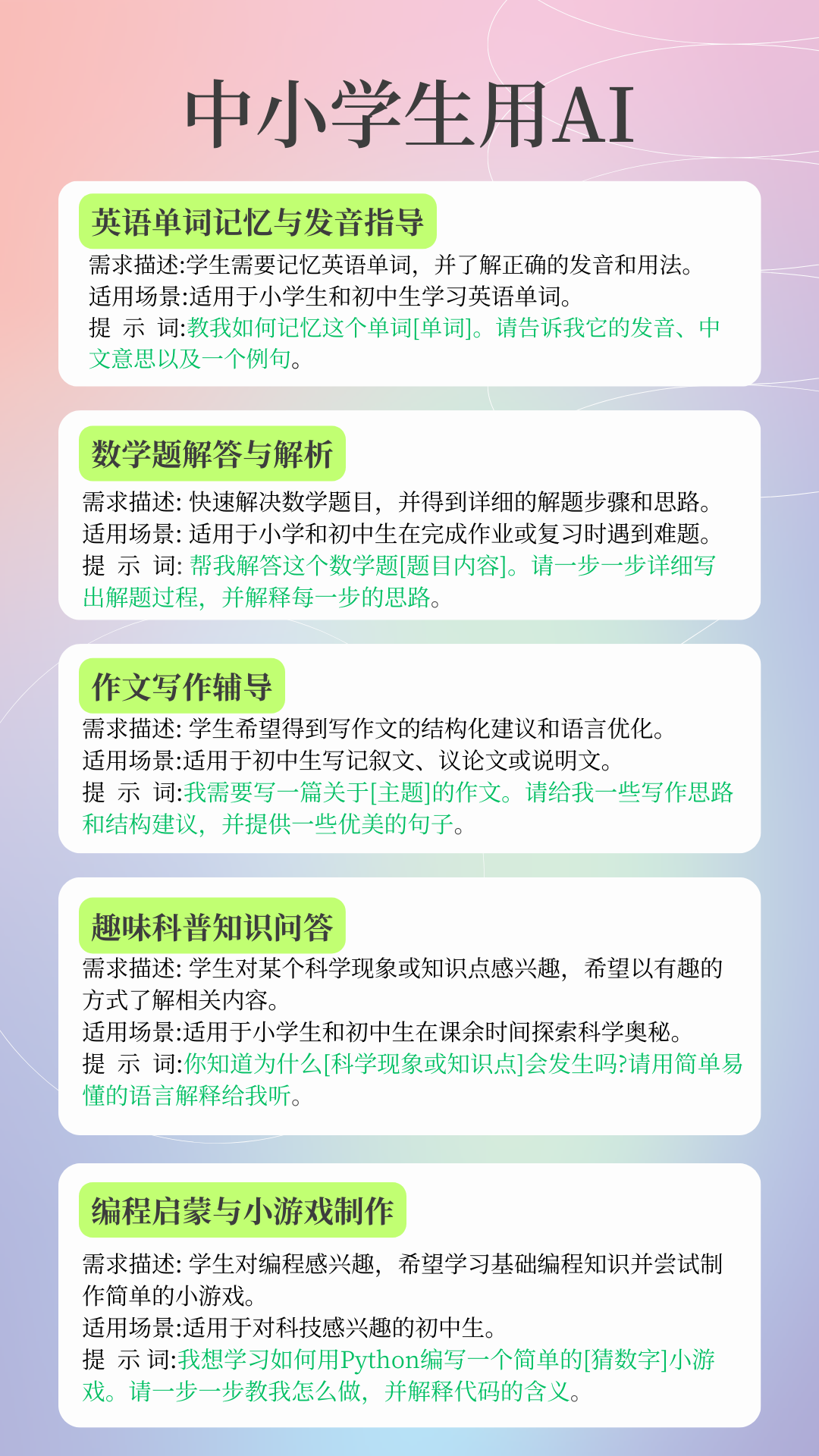 图片展示了中小学生使用DeepSeek这款AI的不同应用场景。包括英语单词记忆与发音指导,适用于小学生和初中生学单词;数学题解答与解析,可帮助解决小学和初中作业难题;作文写作辅导,为初中生写作文提供思路等;趣味科普知识问答,适合课余探索科学;编程启蒙与小游戏制作,针对对编程感兴趣的初中生。每个场景都有需求描述、适用场景及提示词示例,是对DeepSeek在中小学生学习方面应用的说明,与文档中使用技巧部分内容相关。