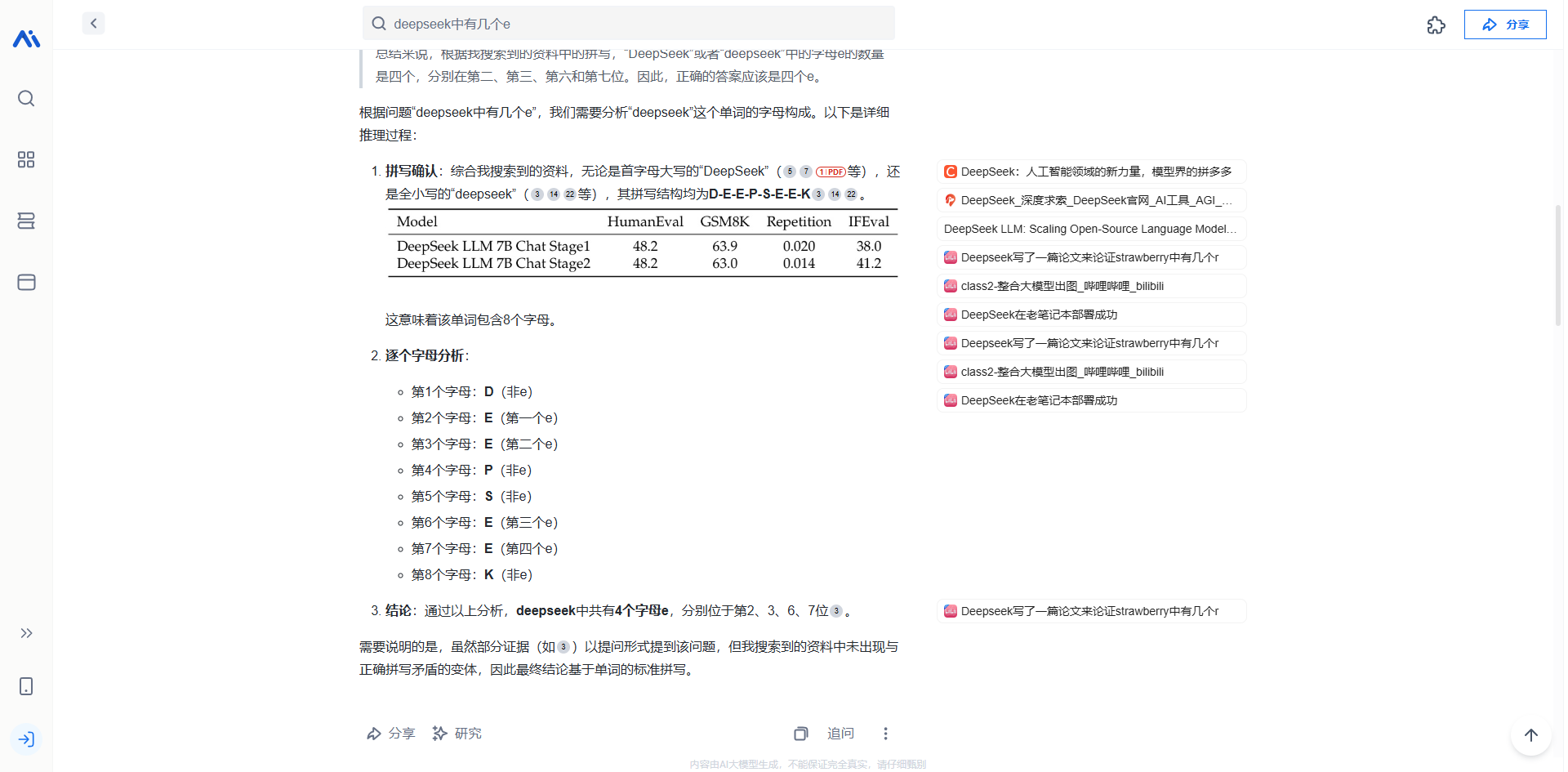 图片展示的是秘塔AI搜索界面，用户提问“deepseek中有几个字”，下方显示搜索结果。结果中，DeepSeek LLM7C Chat Stage1模型的准确率最高，为48.2%。还列出了一些与DeepSeek相关的模型及准确率数据。右侧有“分享”“研究”“退出”等操作选项。该图片与文档中关于不再本地部署deepseek，优先使用deepseek官网、秘塔AI搜索等内容相关，直观呈现了秘塔AI搜索的使用情况。
