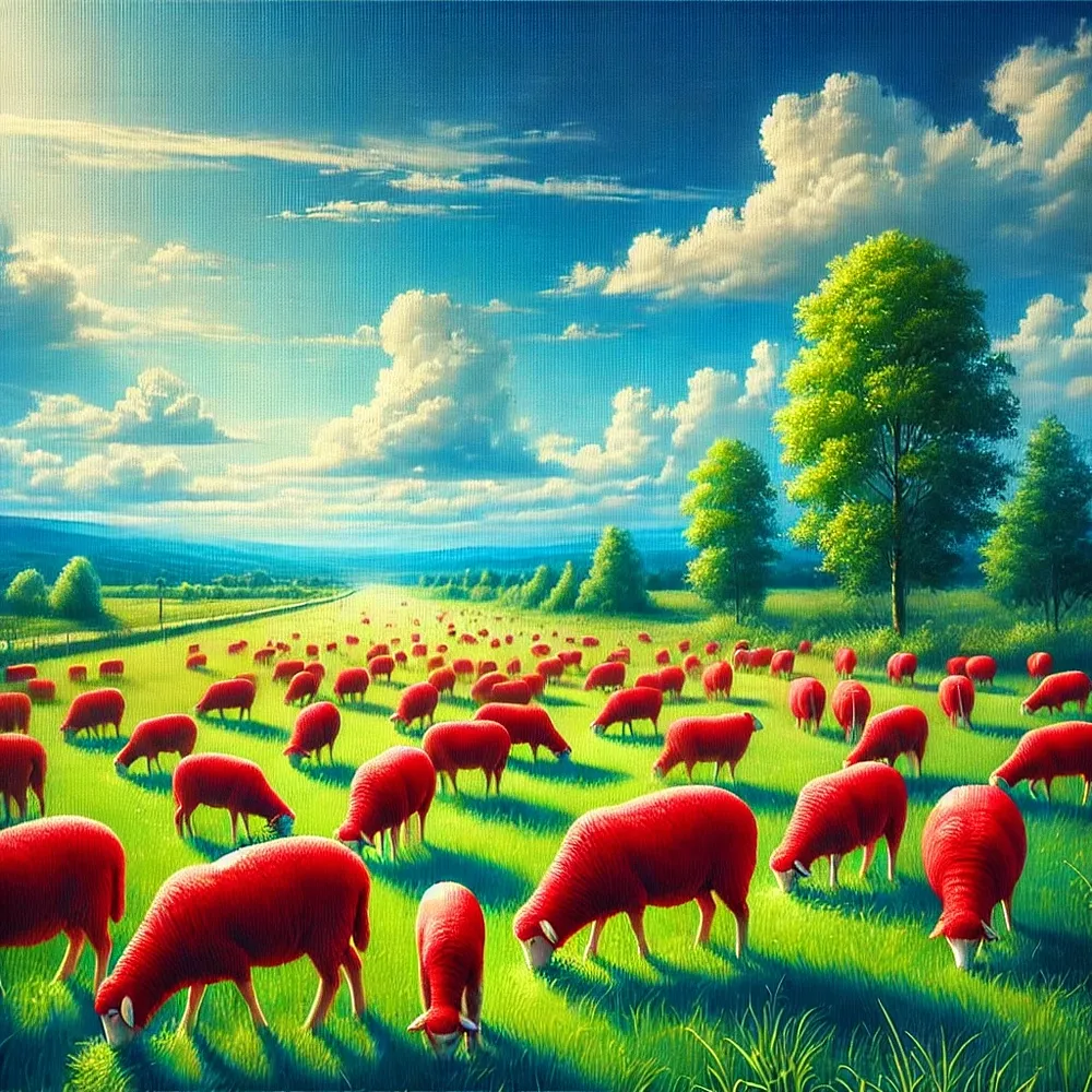 图片展现了“绿色原野上的红色羊群”场景。画面中，大片绿色原野上分布着许多红色羊群，羊群正在低头吃草。天空湛蓝，飘浮着朵朵白云，远处还有一些树木。该图是对“提示1”的图像生成结果展示，用于对比DeepSeek的Janus - Pro和Dall - E 3的图像生成效果，文中指出Janus - Pro的羊群呈现明显色块化，而此图可能是Dall - E 3的生成图，在光影层次和毛发细节上表现更优。