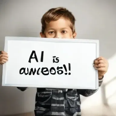 图片展示了一个男孩手持白板的场景，白板上写着“AI is awesome!!”。此图是对提示3“手持‘AI is awesome!’白板的男孩”的图像呈现，用于对比DeepSeek的Janus - Pro和Dall - E 3的图像生成效果。对比中指出Janus - Pro的文字渲染存在字母粘连问题，而Dall - E 3近乎完美实现提示要求。这张图片直观地呈现了在该提示下两个模型生成图像的差异，是实战测评部分的示例之一。