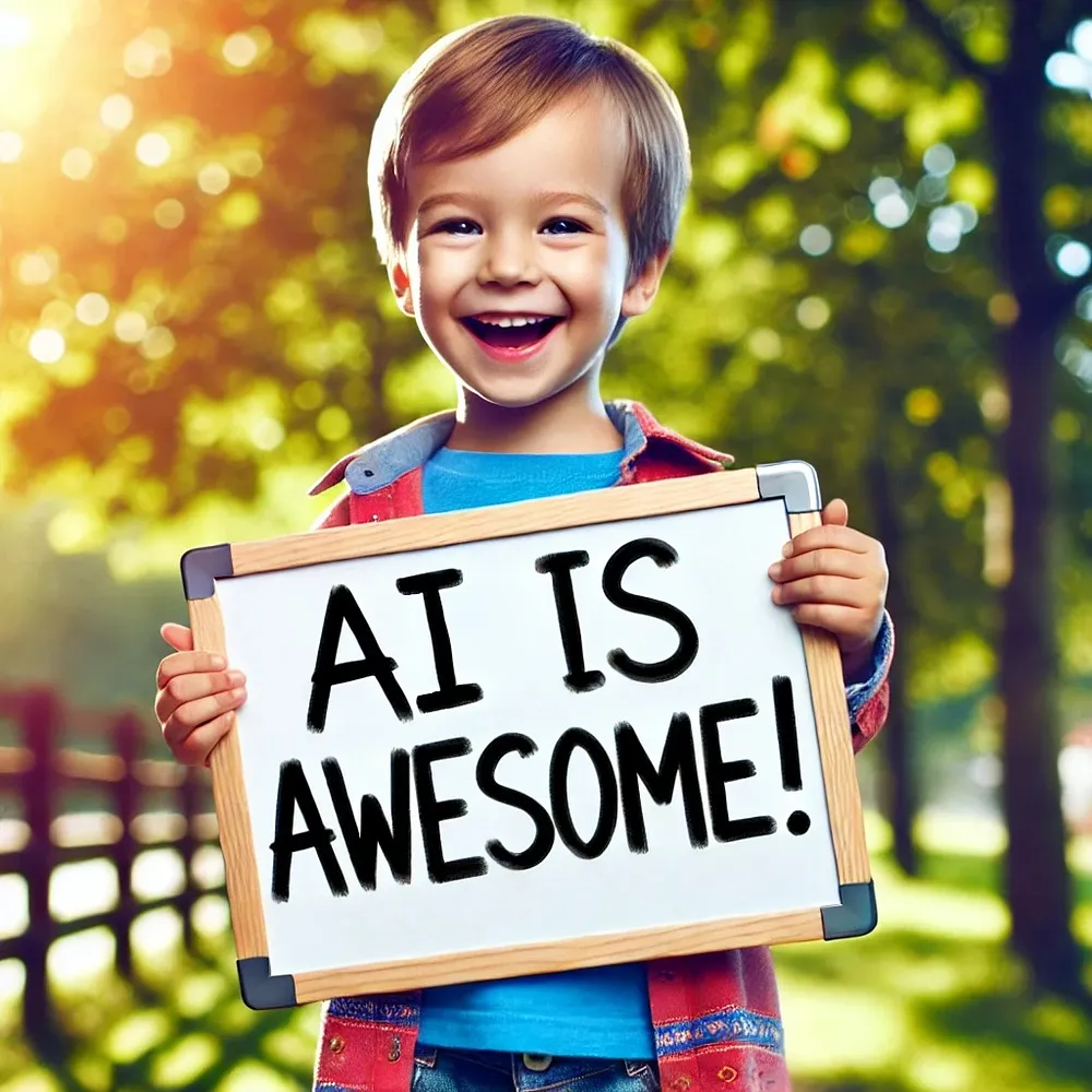 图片展示了一个男孩手持白板的场景，白板上清晰写着“AI IS AWESOME!”。男孩穿着红蓝相间的衣物，面带笑容，背景是阳光照耀下的绿色树林。这张图是对文档中提示3“手持‘AI is awesome!’白板的男孩”的呈现，用于对比DeepSeek的Janus - Pro和Dall - E 3在该提示下的生成效果，说明Janus - Pro存在文字渲染字母粘连问题，而此图近乎完美实现提示要求。