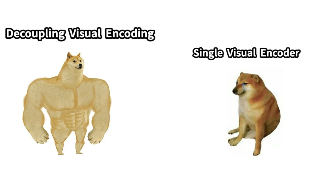图片展示了网络热图“猛男Doge vs弱鸡Cheems”，左侧是肌肉健壮的Doge，上方配文“Decoupling Visual Encoding”，代表解耦式深度学习方法；右侧是弱小且流泪的Cheems，上方配文“Single Visual Encoder”，象征传统单编码器方案。该图用于说明多模态理解功能，体现了DeepSeek推出的Janus - Pro模型对其的准确解读，以幽默对比的方式展现视觉编码技术的演进。