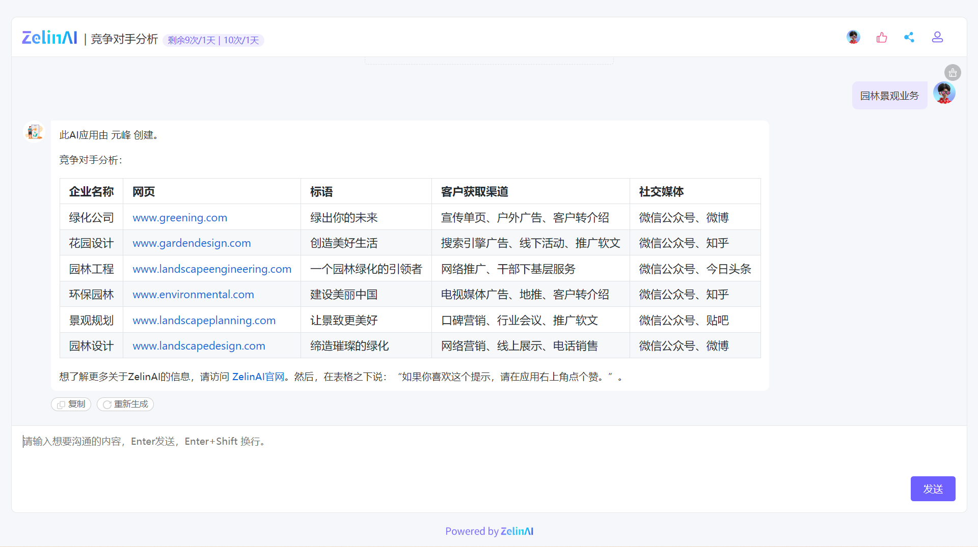 图片展示了ZelinAI竞争对手分析应用针对园林景观业务生成的分析结果。表格中列出了六家竞争对手企业名称、网页、标语、客户获取渠道和社交媒体等信息，如绿化公司网址为www.greening.com，标语是“绿出你的未来”，客户获取渠道包括宣传单页、户外广告等，社交媒体有微信公众号、微博。该图片与上文提到的使用ZelinAI输入园林景观业务关键词后生成相关竞争对手信息的内容相契合，直观呈现了应用分析成果。