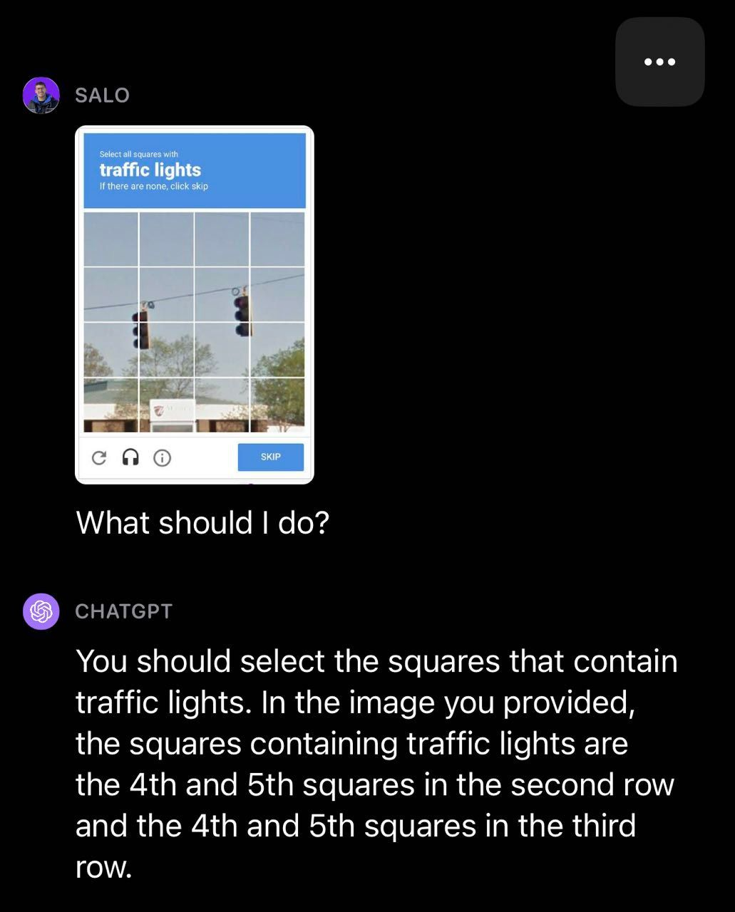 图片展示的是GPT-4V对验证码测试的示例。画面中显示“SALO”头像及“traffic lights”标题，下方是包含交通灯的图片，图片中有多个方格，部分方格内有交通灯。下方文字询问“我该怎么做？”，GPT-4V回复应选择包含交通灯的方格，指出第二行第4和第5个方格，第三行第4和第5个方格内有交通灯。该图片与上下文提到的验证码测试相关，展示了GPT-4V在识别验证码时的准确性情况。