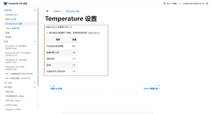 图片展示的是DeepSeek API文档中“Temperature设置”页面。页面显示temperature参数默认为1.0,并建议根据不同场景设置temperature,如代码生成/数学解题场景为0.0,数据抽取/分析场景为1.0,通用对话、翻译场景为1.3,创意类写作/诗歌创作场景为1.5。该图片与上文提到的“上文中的temperature为0来源于此文档”相呼应,直观呈现了文档中关于temperature设置的相关内容。