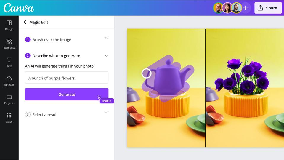 图片展示了Canva平台的Magic Edit功能界面。左侧为功能操作区域,有“Brush over the image”“Describe what to generate”“Select a result”等步骤说明,当前选中“Describe what to generate”,下方输入框内显示“An AI will generate things in your photo. A bunch of purple flowers”。右侧是两张对比图,左侧为原始图像,右侧是添加了紫色花朵的图像。该图片与文档中介绍Canva在Canva Create上推出新AI工具,发布Magic Design功能,支持用户使用生成式人工智能创建自定义模板的内容相关,直观呈现了该功能的操作界面及效果。