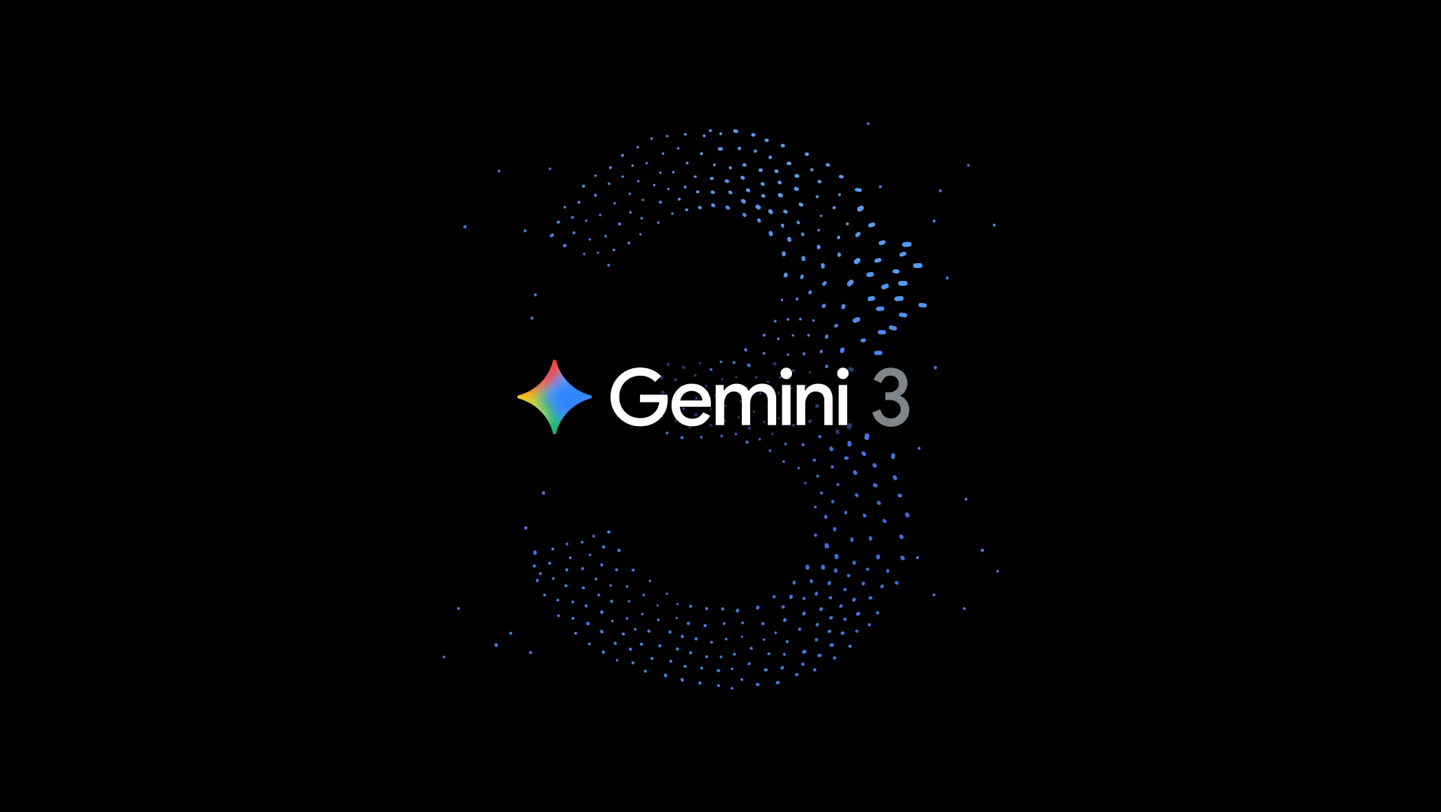 图片展示的是Gemini 3的标志。背景为黑色,中间有一个由蓝色点状元素构成的“3”字,其内部有蓝色点状图案环绕。左侧有一个由蓝色、红色、黄色、绿色四色组成的菱形图案。该图片位于介绍Gemini 3开启智能新时代的文档中,与上文提到的“两年多前,我们开启了Gemini时代”相呼应,直观呈现了Gemini 3这一AI技术的标识。