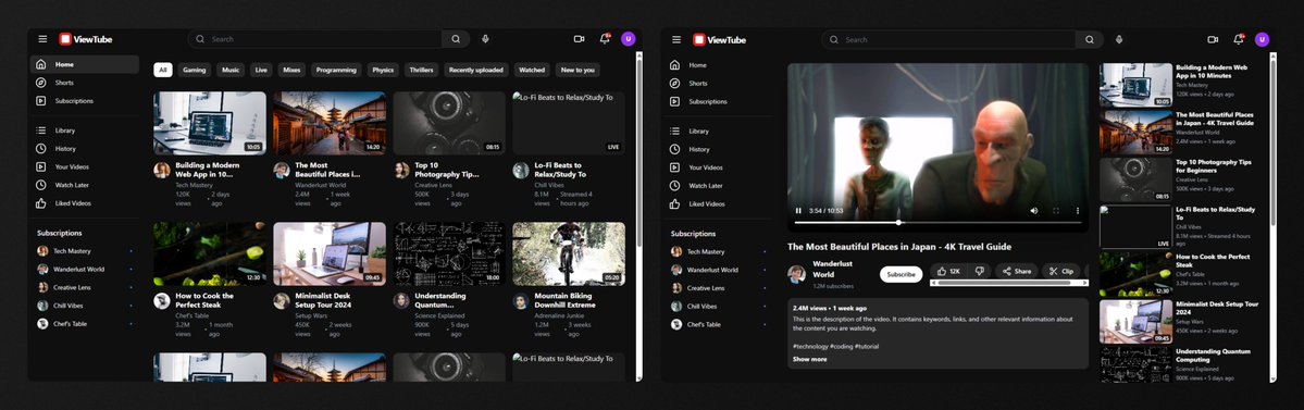 图片展示了Gemini 3.0生成的YouTube克隆版界面。左侧为首页，有“Home”“Subscriptions”“Library”等导航栏，下方是视频缩略图，如“Building a Web App in 10...”“The Most Beautiful Places...”等。右侧是视频播放界面，显示视频标题“日本最美的地方 - 4K旅游指南”，下方有播放进度条、评论区等。该图片与上下文紧密相关，直观呈现了Gemini 3.0生成的应用包含完整的YouTube界面克隆、可点击视频缩略图、真实可播放视频内容等能力。