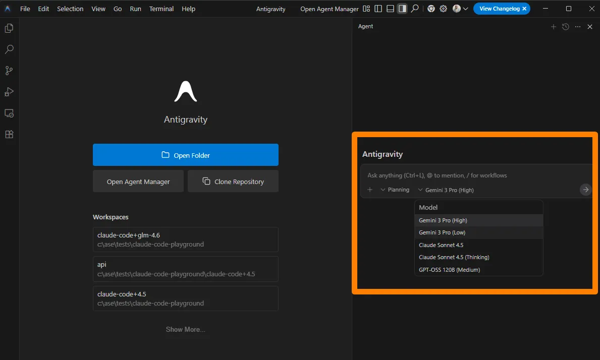 图片展示了谷歌Antigravity智能体开发平台界面。左侧为平台主界面，有“Open Folder”“Open Agent Manager”“Clone Repository”等操作按钮，下方是工作空间列表。右侧是Agent界面，上方显示“Ask anything (Ctrl+L) to mention / for workflows”，下方有“Planning”“Gemini 3 Pro (High)”“Gemini 3 Pro (Low)”“Claude Sonnet 4.5”“Claude Sonnet 4.5 (Thinking)”“GPT-OSS 1208 (Medium)”等模型选项，其中“Gemini 3 Pro (High)”被高亮显示。该图片与文档中介绍多模型支持的内容相关，直观呈现了平台的模型选择界面。