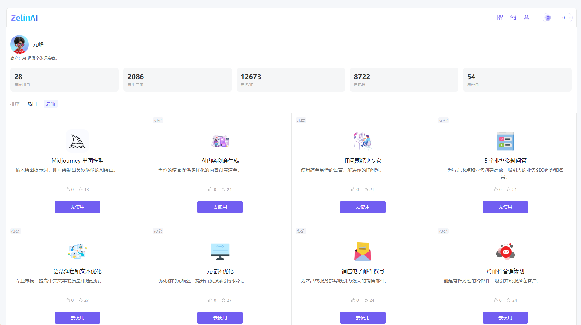 图片展示了ZelinAI应用界面，左上角显示应用名称，用户“元峰”简介为AI超级个体探索者。界面呈现了应用多项数据，包括总应用量28、总用户量2086、总PV量12673、总热度8722和总赞量54。下方有多款AI功能模块，如“Midjourney出图模型”“AI内容创意生成”“IT问题解决专家”等，每个模块下有简要说明及“去使用”按钮。该图片与上下文关系紧密，直观呈现了ZelinAI应用的功能及相关数据，体现其在解决企业问题等方面的作用。