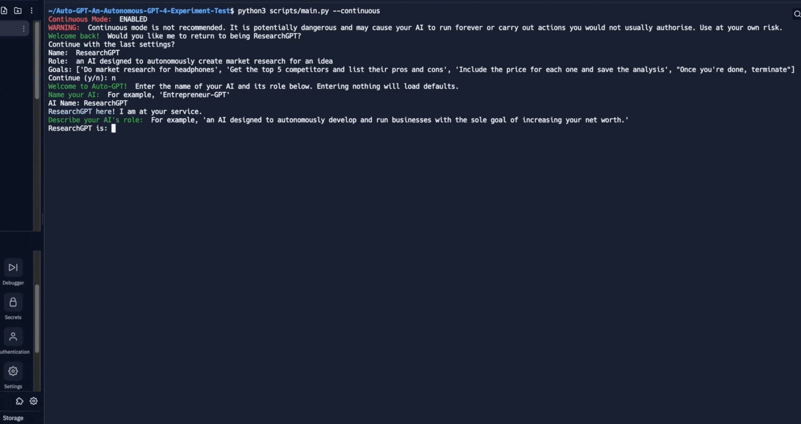 图片展示的是Auto-GPT的界面，左侧有“Debugger”“Secrets”“Configuration”“Settings”“Storage”等选项。右侧是代码编辑区域，显示了名为“Auto-GPT - An Autonomous-GPT - 4 - Experiment - Test”的Python代码，其中“CONTINUE”被红色框突出显示，提示“Continue is not recommended...”。该图片与上下文紧密相关，上下文提到Auto-GPT可执行任务以满足项目要求，此图展示了其代码界面及“CONTINUE”操作提示，体现了其在项目执行中的功能。