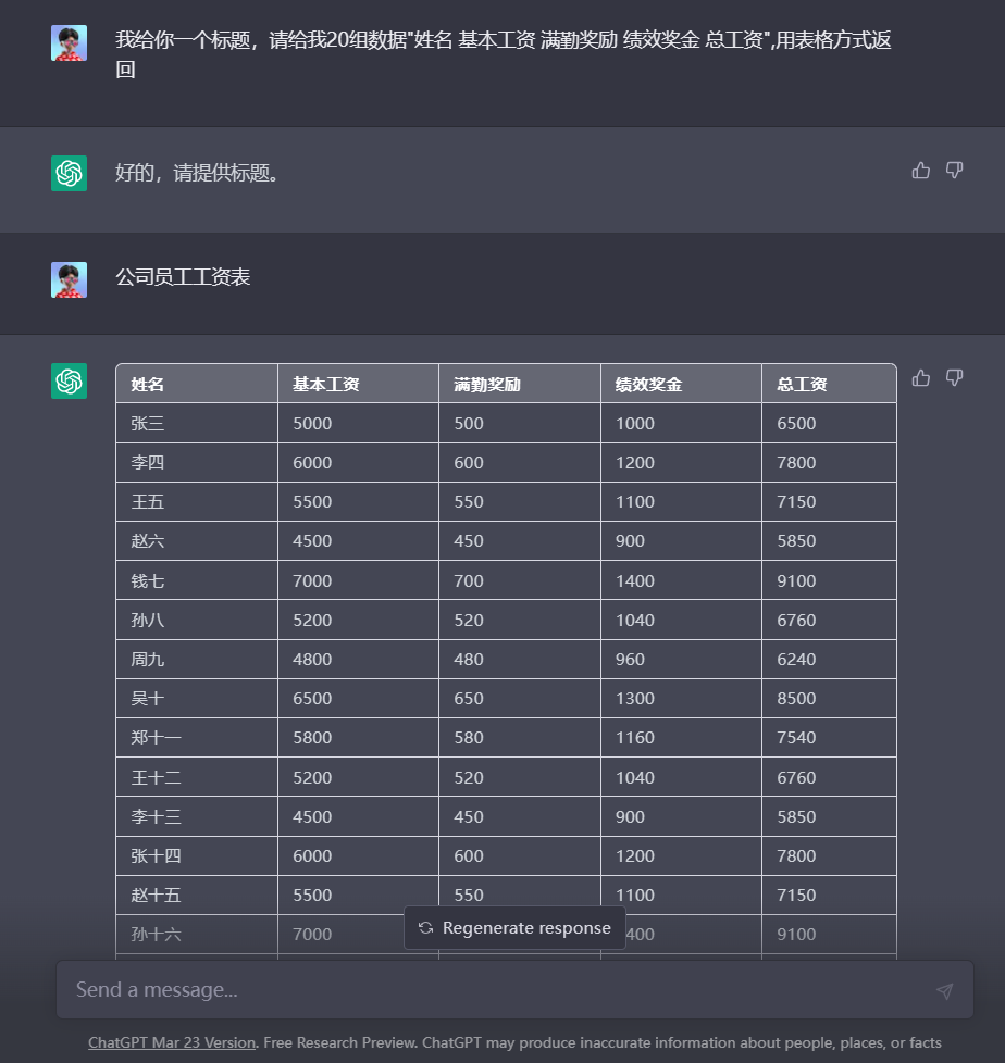 图片展示了Numerous.ai与用户关于公司员工工资表的对话。用户要求生成一个标题，Numerous.ai回复“好的，请提供标题”。随后用户给出“公司员工工资表”标题，Numerous.ai以表格形式呈现了20组员工的姓名、基本工资、满勤奖、绩效奖金、总工资等信息，如张三基本工资5000，满勤奖500，绩效奖金1000，总工资6500等。该图片直观呈现了Numerous.ai根据指令生成表格数据的能力，与上下文介绍的其功能相契合。