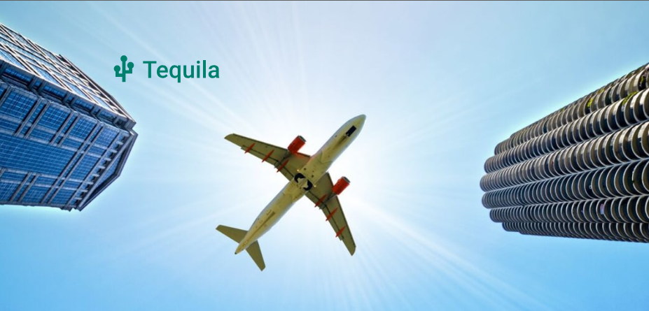 图片展示了一架飞机在蓝天中飞行,背景是两栋高楼。画面左上方有“Tequila”字样及标志。图片与上下文内容相关,上下文介绍Kiwi.com这个在线旅行预订平台及其提供的Tequila合作伙伴解决方案,该方案使企业用户能将Kiwi内容嵌入商业应用并赚取佣金,Tequila API有搜索、预订和管理等功能,图片中的“Tequila”正是该解决方案名称,通过飞机和高楼的画面,直观传达出旅行和商业的主题。