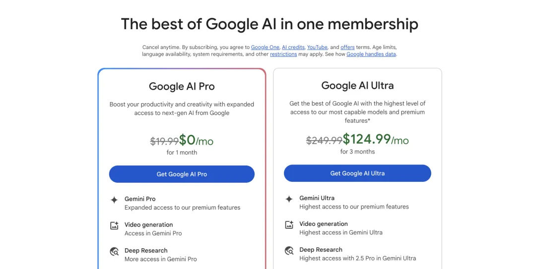 图片展示了谷歌AI会员服务的两种套餐信息。左侧是Google AI Pro，每月19.99美元，首月0美元，可提升生产力和创造力，拥有Gemini、视频生成、深度研究等访问权限。右侧是Google AI Ultra，每月249.99美元，现优惠为3个月每月124.99美元，可获得最高级别的谷歌AI服务，具备Gemini Ultra及更高级的功能访问权限。图片与上文提到的使用Veo 3需订阅Google Ultra（现价$124.99/月）的内容相关联。