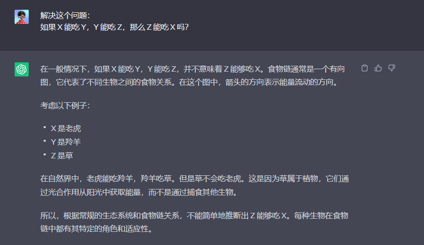 图片展示的是一个关于食物链关系的对话界面。用户提问“如果X能吃Y,Y能吃Z,那么Z能吃X吗?”,模型给出回答,说明在一般情况下,食物链是单向的,箭头方向表示能量流动,不能简单推断出Z能吃X。并以老虎、羚羊、草为例,说明老虎能吃羚羊,羚羊吃草,但草不会吃老虎,因为草是植物,通过光合作用获取能量。此图与上下文关于LLMs在推理任务方面存在困难,需更先进提示工程技术的内容相关,用于说明算术能力示例。
