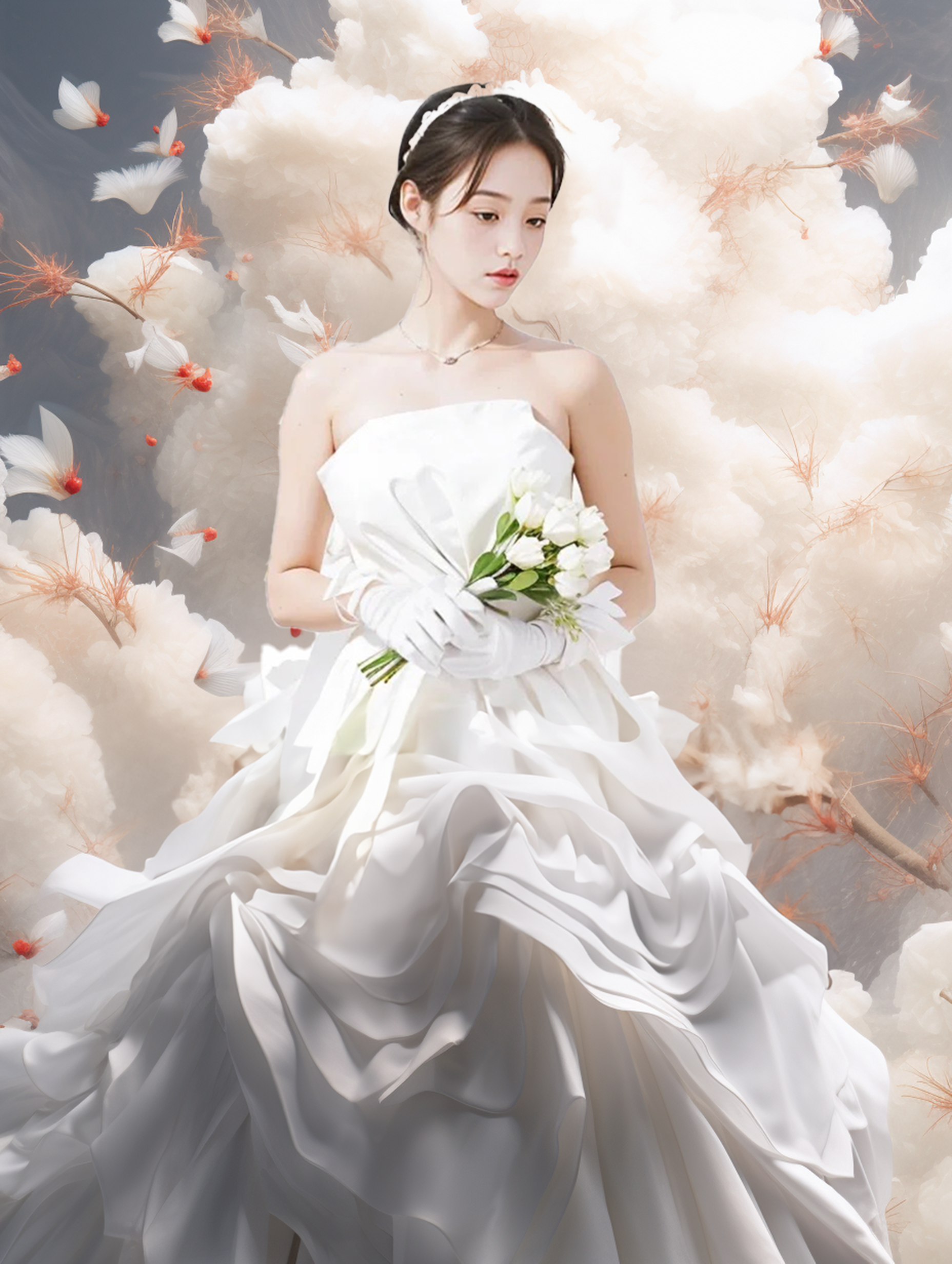 图片展示了一位身着白色婚纱的女性，手持白色花束，戴着白色手套，头戴发饰，脖颈佩戴项链。她身后是梦幻的背景，有白色云朵、飘飞的花瓣及带有红色点缀的枝叶。这张图片是使用MJ、GPT和PS AI组合修图案例的最终效果展示，是将婚纱摄影原图人物主体与Midjourney生成的背景图经PS AI融合，并修补细节后的成果，呈现出绚丽的婚纱摄影效果。