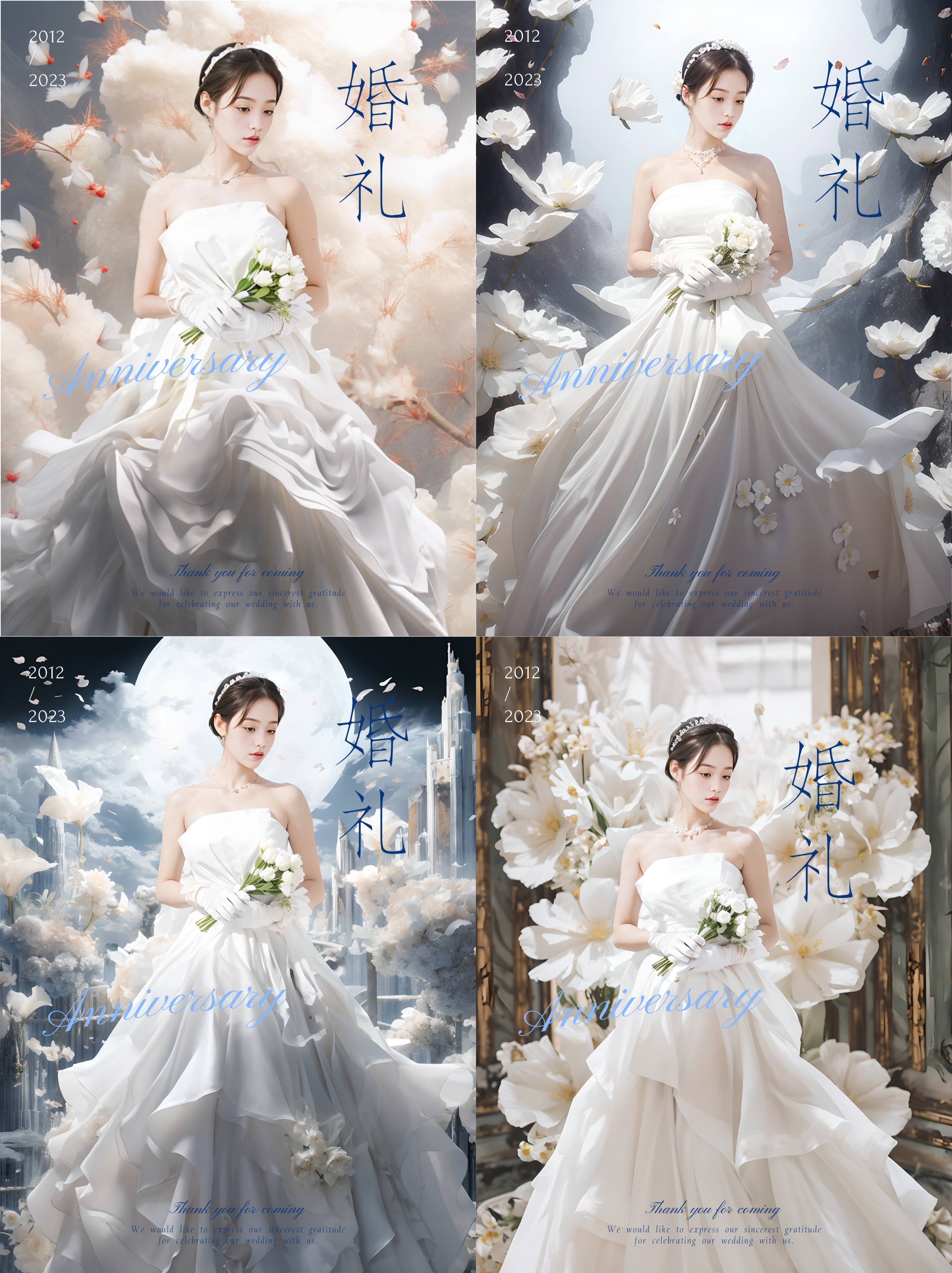 图片展示了四张婚纱摄影效果图，均为一位身着白色婚纱、手持花束的女性。四张图背景各异，分别有云朵、花朵、城堡等元素。图中均有“婚礼”“Anniversary”等文字，还标注了“2012”“2023”等年份，底部有感谢宾客参加婚礼的英文内容。这组图是对前文所述的“MJ+GPT+PS AI组合修图案例”中生成海报步骤的效果展示，呈现了增加婚礼主题文字及元素后的最终成果。