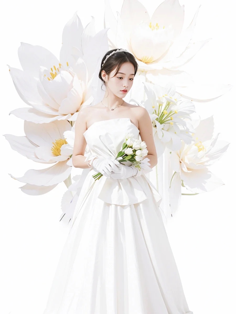 图片展示了一位身着白色抹胸婚纱的新娘，她头戴发箍，手持白色花束，戴着白色手套。新娘身后是几朵巨大的白色花朵，花心呈黄色，整体画面以白色为主色调，营造出纯洁优雅的氛围。这张图片作为案例，用于说明如何通过MJ、GPT和PS AI组合修图，为婚纱摄影添加绚丽效果，是文档中阐述修图操作路径所列举的具有目标风格的示例图。