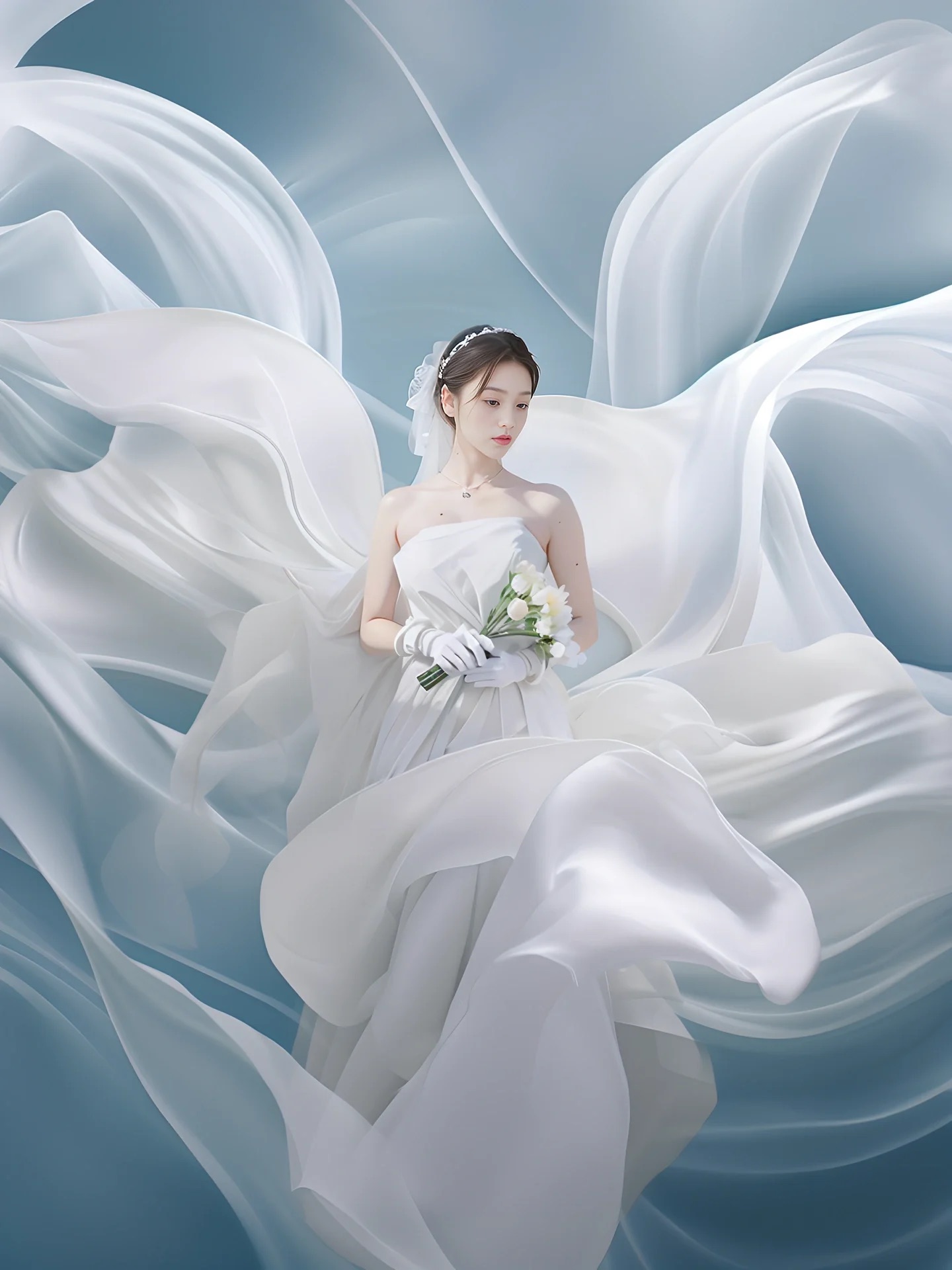 图片展示了一位身着白色婚纱的新娘，她手持白色花束，戴着白色手套，头戴精致头饰。新娘周围是随风飞扬的白色纱幔，背景为蓝白渐变色调，营造出梦幻、浪漫的氛围。这张图是婚纱摄影添加绚丽效果的案例展示，用于说明使用MJ、GPT、PS AI组合修图可实现类似的目标风格，为后续介绍操作路径提供视觉参考。