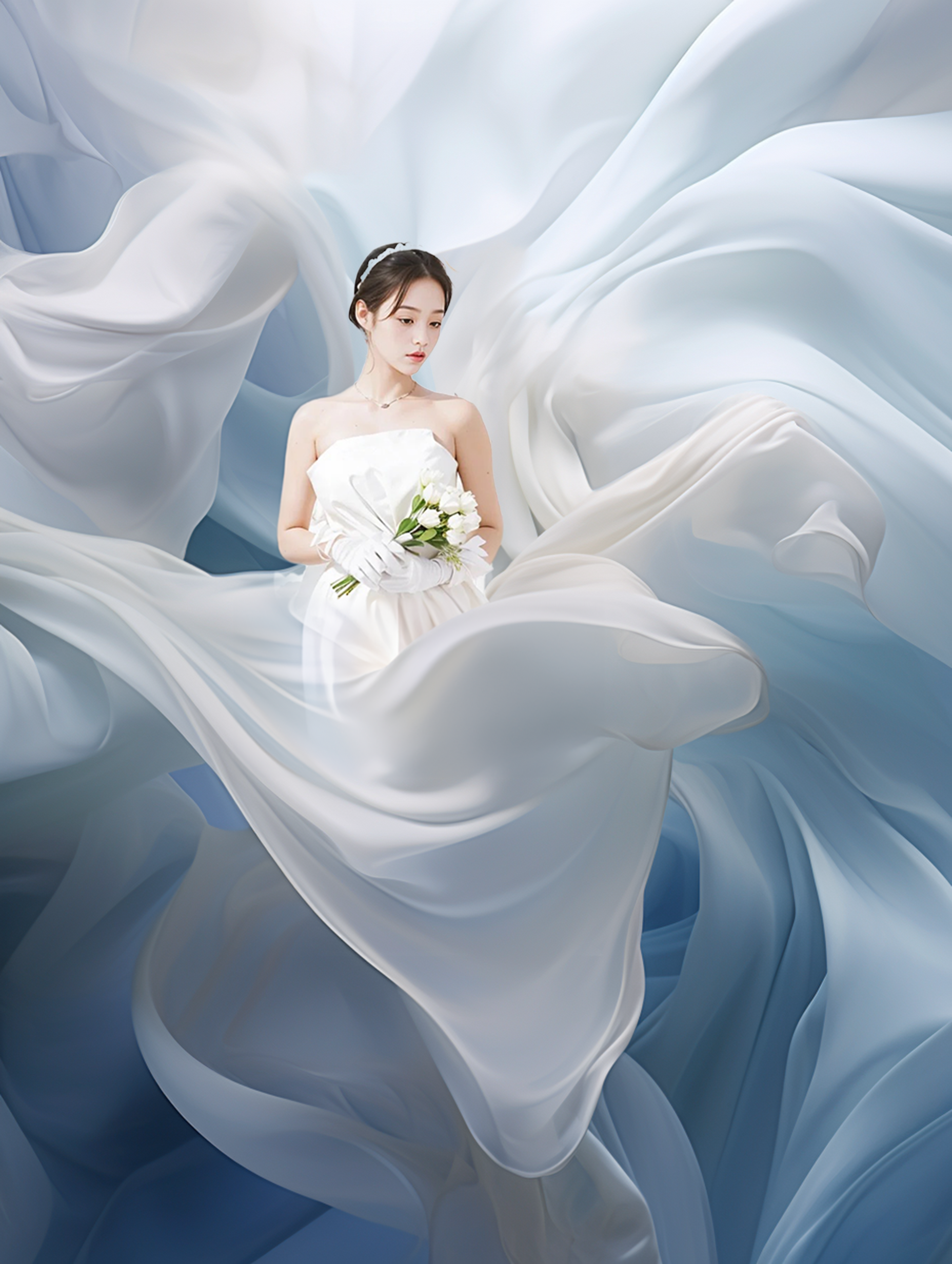 图片展示了一位身着白色抹胸婚纱的新娘，她手持白色花束，戴着白色手套，头发上有发饰。新娘周围是大面积飘动的白色与浅蓝色布料，营造出飘逸梦幻的效果。此图是MJ+GPT+PS AI组合修图案例中婚纱摄影添加绚丽效果的示例，与文中提到的通过MJ的Describe反推提示词、MJ出图、稿图调整（PS AI）等操作路径所追求的效果相符，可作为想要达成的目标风格参考。