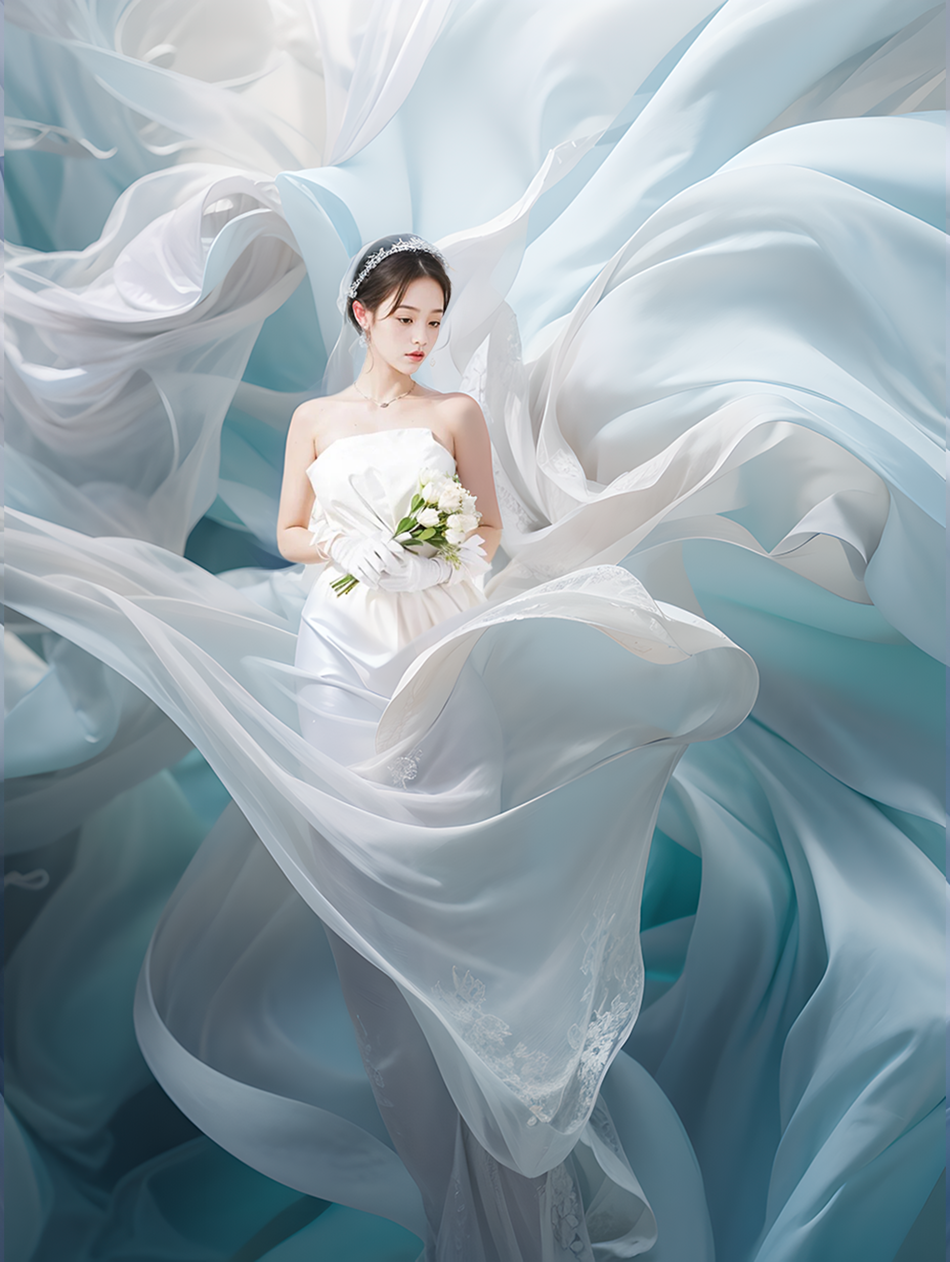 图片展示了一位身着白色婚纱的女子，她头戴精致头饰，手持白色花束，双手戴着白色手套。女子周围是随风飞扬的白色和浅蓝色纱幔，纱幔呈现出优美的飘动形态。这张图片是MJ+GPT+PS AI组合修图案例中婚纱摄影添加绚丽效果后的最终效果图，位于介绍完高清化图像及后续PS操作步骤之后，用于呈现最终的修图成果。