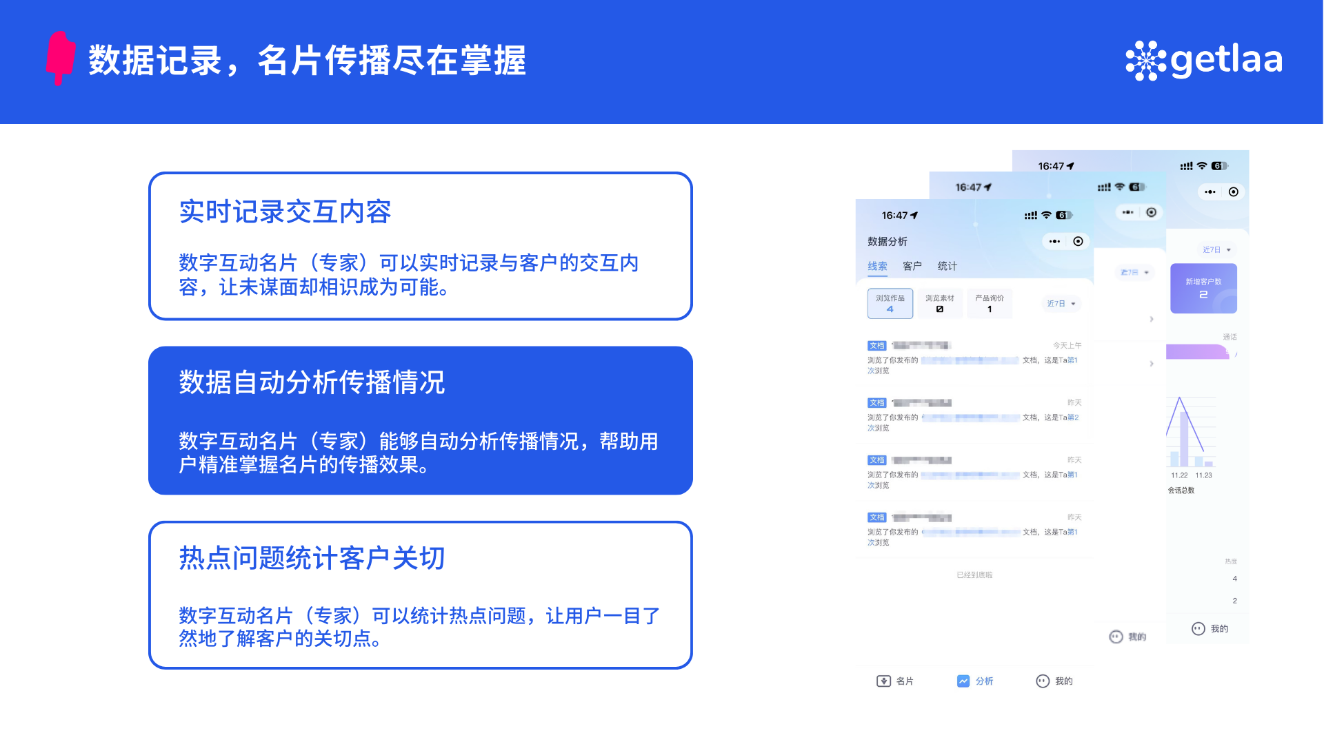 图片展示了数字互动名片(专家)的数据记录功能,包括实时记录交互内容、数据自动分析传播情况、热点问题统计客户关切等。左侧有三个蓝色框,分别说明数字互动名片可实时记录与客户的交互内容,让未见面却相识成为可能;能自动分析传播情况,帮助用户精准掌握名片的传播效果;可统计热点问题,让用户一目了然地了解客户的关切点。右侧是数字互动名片的界面截图,显示了数据统计、客户分析等功能。该图片与文档中“数据记录”部分内容相关,直观呈现了数字互动名片的数据记录优势。