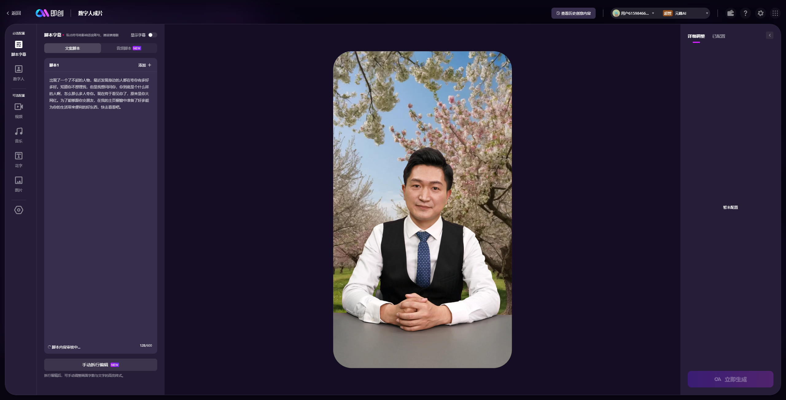 图片展示了一款AI数字人制作软件的界面,界面中间显示一位身着白衬衫、黑背心并系着蓝色领带的男性数字人形象,背景为户外有盛开花朵的场景。左侧有相关操作选项及文字内容。结合上下文,此图片应与前文所提到的AI数字人相关,可能是用于展示制作AI数字人(如AI“鼓励师”)的工具或成果,与AI数字人在视频号营业等内容相呼应。