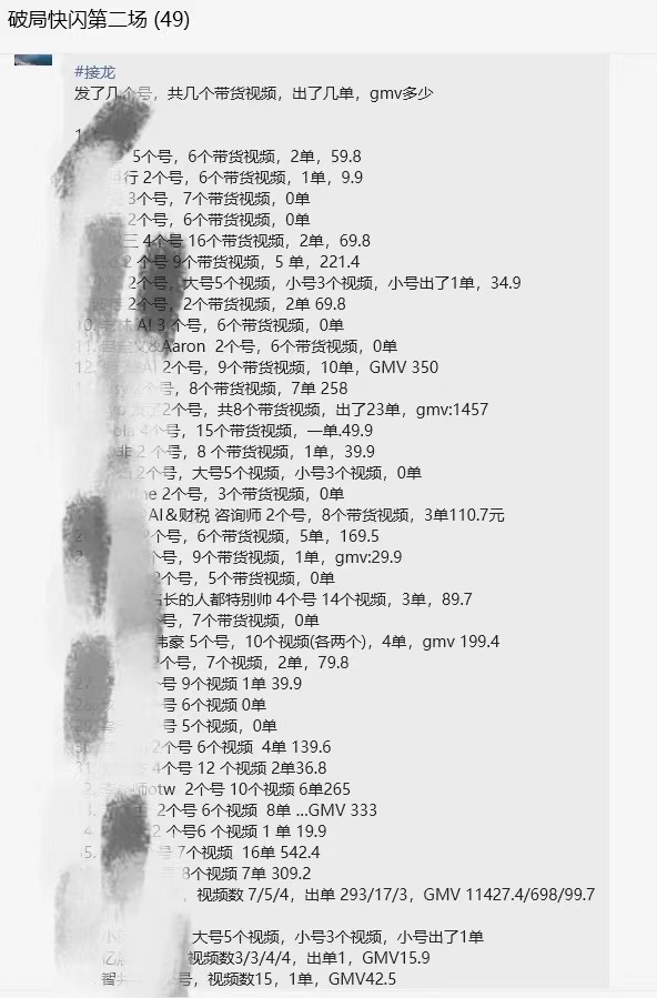 图片展示了破局快闪第二场(49)的带货数据记录。内容包括不同账号发布的带货视频数量、出单数量以及对应的GMV金额。如有的账号发了5个带货视频,出单2单,GMV为59.8;有的账号发8个带货视频,出单7单,GMV达1058等。这些数据与上文提到的教练团快闪出单情况相呼应,直观呈现出各账号带货成果,进一步证明了AI数字人带货模式的可行性和潜力。