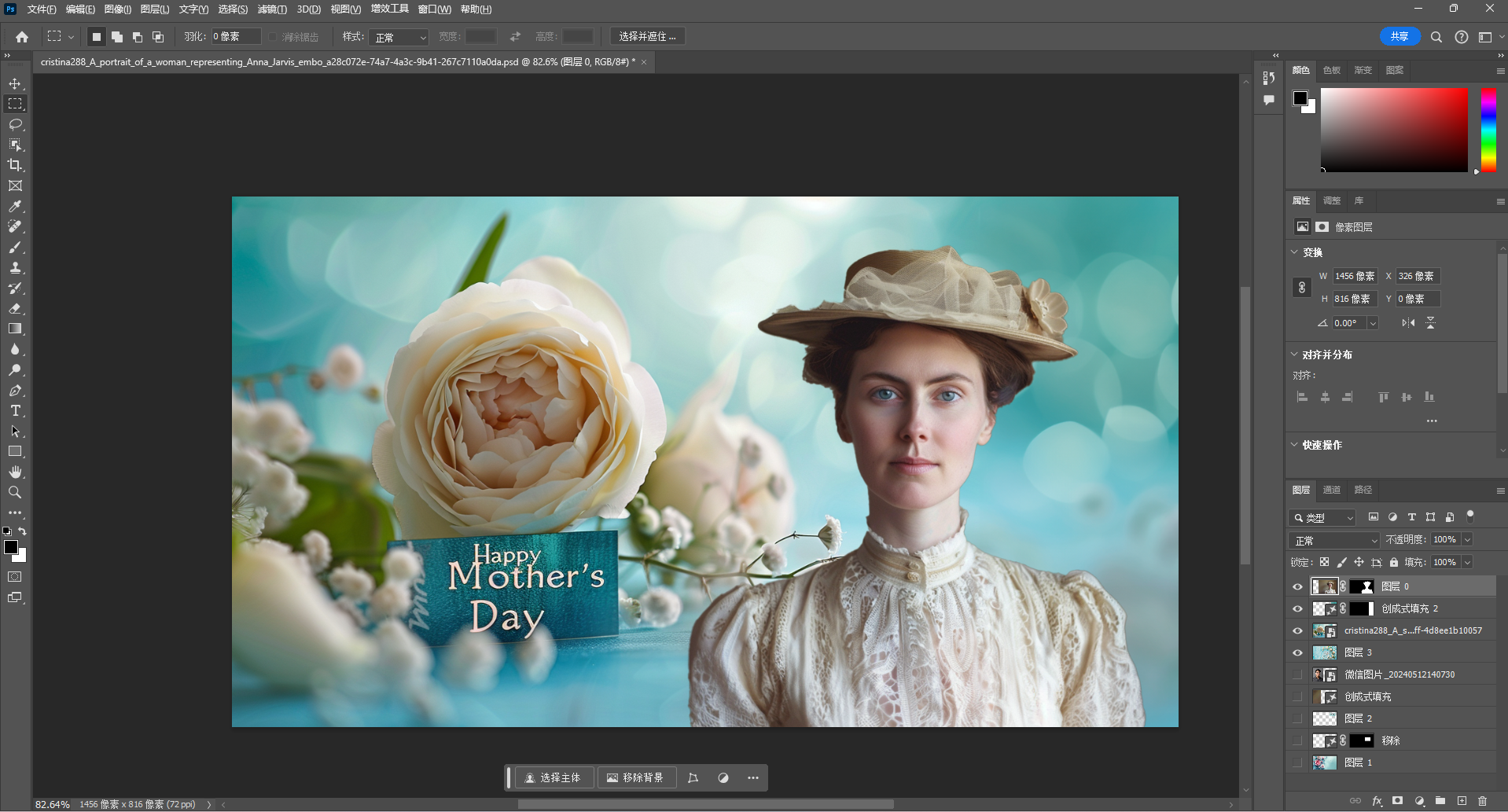图片展示的是Adobe Photoshop软件界面，画面中是一位身着白色复古服饰、头戴帽子的女性，背景为蓝色渐变色，配有白色花卉装饰。画面左下角有“Happy Mother's Day”的字样。右侧有图层面板、图层样式等编辑选项。该图片与文档中提到的视频幕后制作相关，是使用Photoshop对视频中人物形象进行处理的示例，体现了视频制作中对人物形象的后期处理过程。