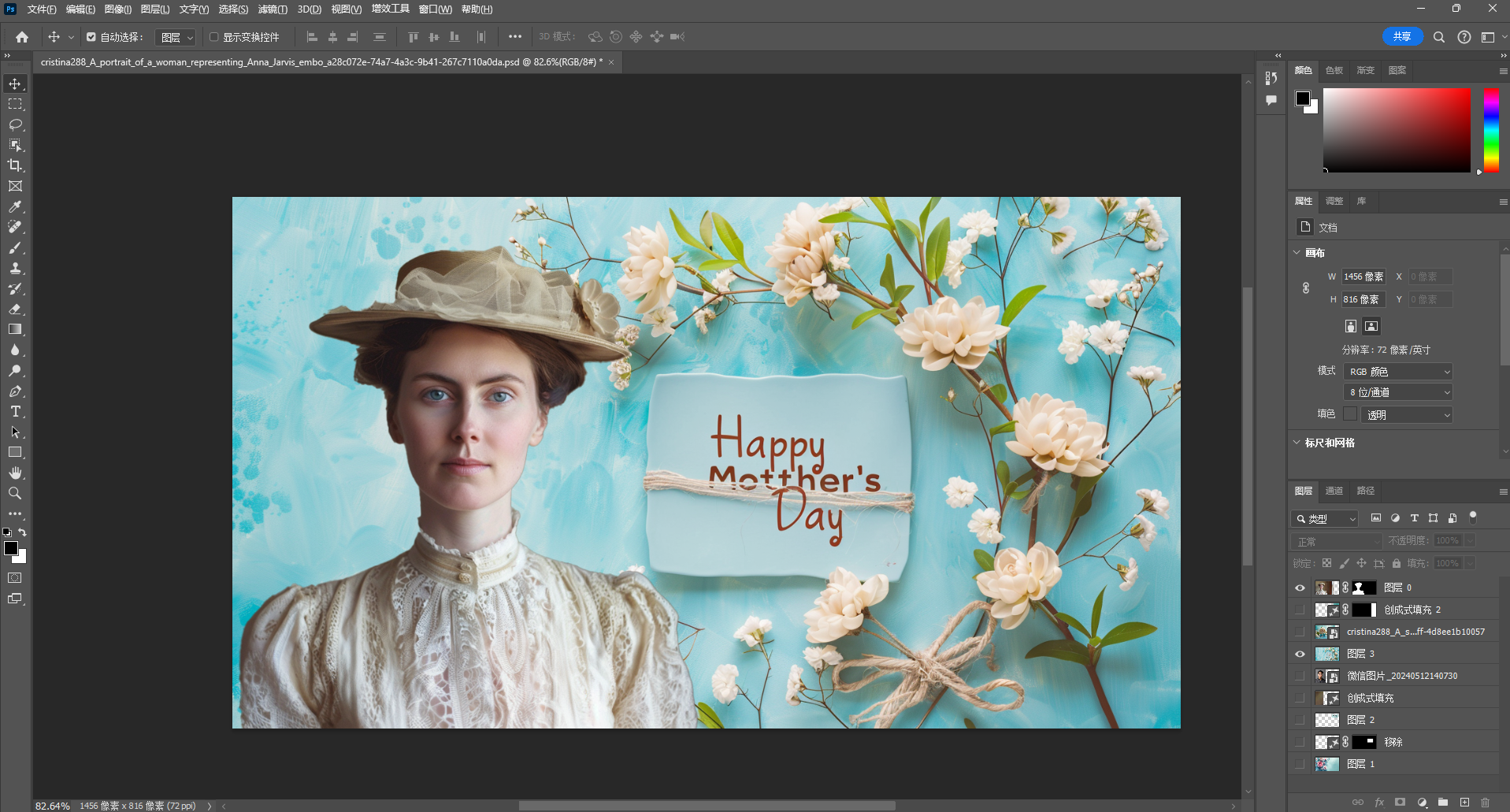 图片展示的是Adobe Photoshop软件界面，画面中是一位身着白色蕾丝上衣、戴着宽边帽的女性形象，背景为蓝色渐变，周围环绕着白色花朵。画面右下角有“Happy Mother's Day”的字样。界面右侧有图层、颜色等面板，左侧有工具栏。该图片与文档中提到的视频幕后制作相关，展示了视频中人物形象的制作界面，是使用PS AI创成式填充等技术制作视频中人物形象的工具界面示例。