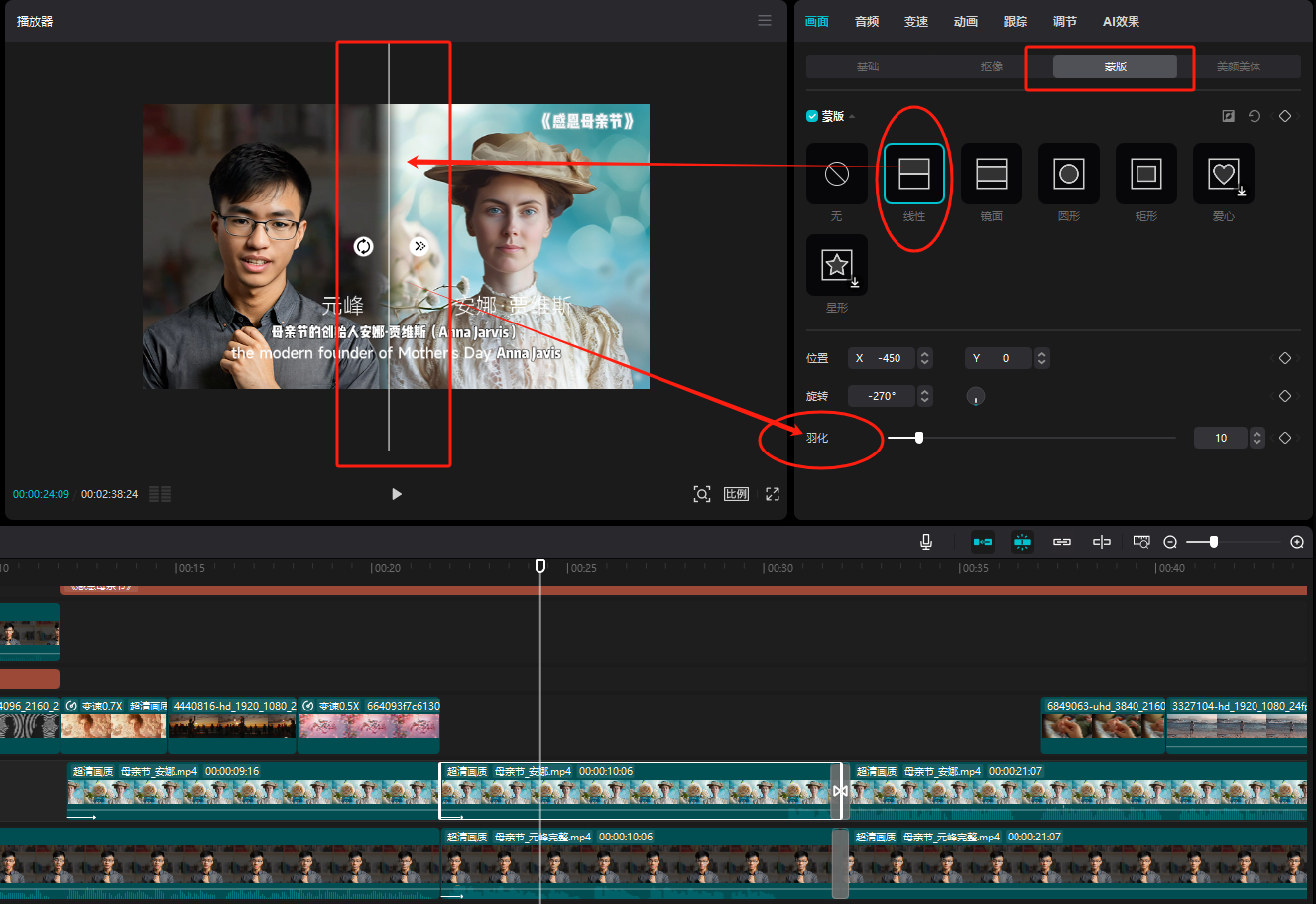 图片展示了剪映软件中两个人物左右同框的视频剪辑效果及操作界面。左侧是元峰的形象，右侧是安娜的形象，两者通过蒙版工具中的线性蒙版效果平滑过渡。右侧界面中，蒙版工具被红框突出显示，其下方有“形状”“位置”“缩放”“旋转”等参数调节选项，其中“形状”选项被红圈圈出。该图片与上文提到的视频剪辑步骤相关，直观呈现了操作效果及关键设置。
