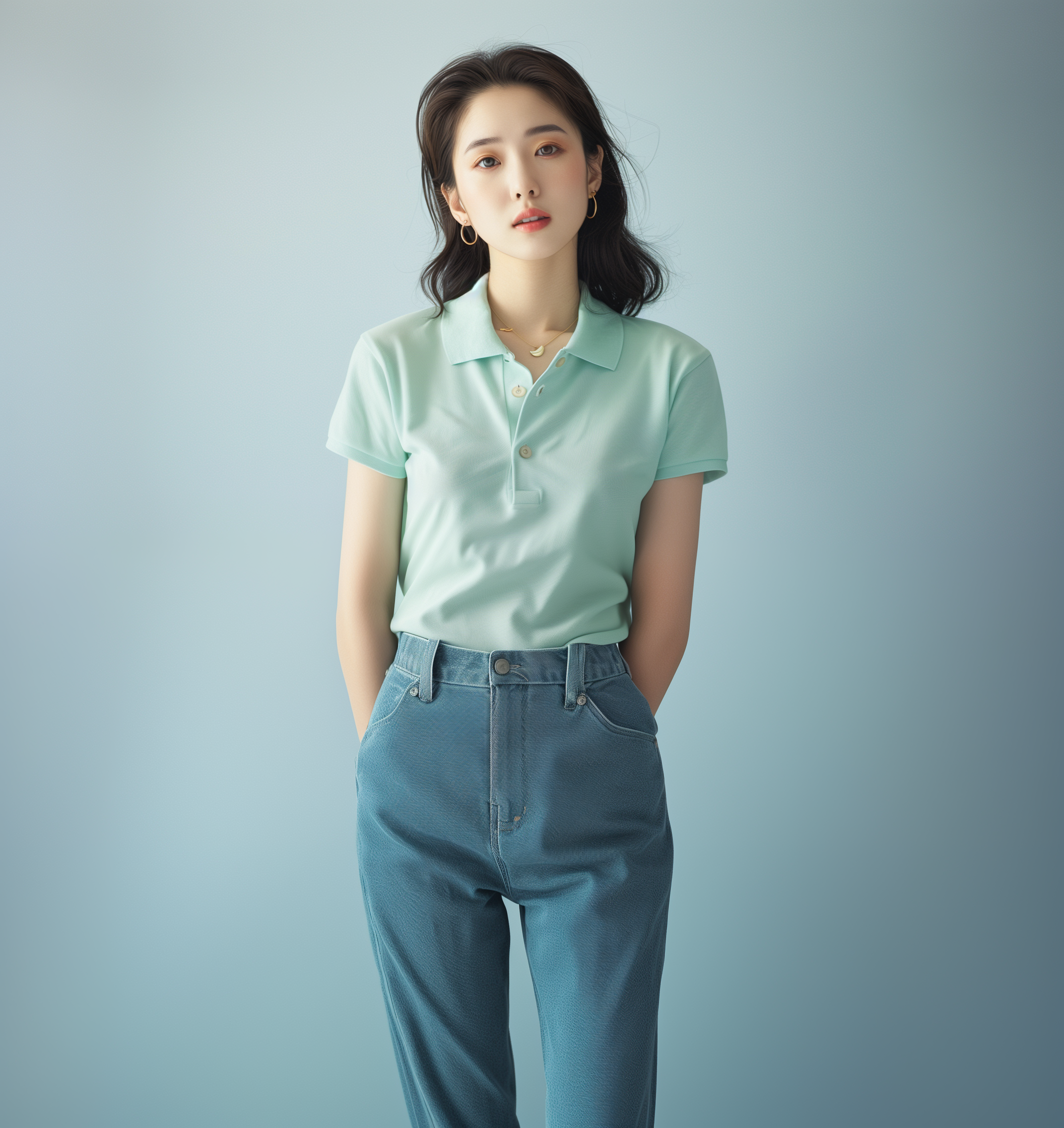 图片展示了一位女性，背景为浅蓝色渐变。她身着浅绿色Polo衫，搭配蓝色牛仔裤，双手插兜，姿态自然。她的头发为黑色，披肩而下，佩戴着耳环和项链。这张图片可能用于展示人物形象，与上下文提到的AI数字人作为神秘嘉宾的场景相契合，为视频中数字人角色的呈现提供参考。