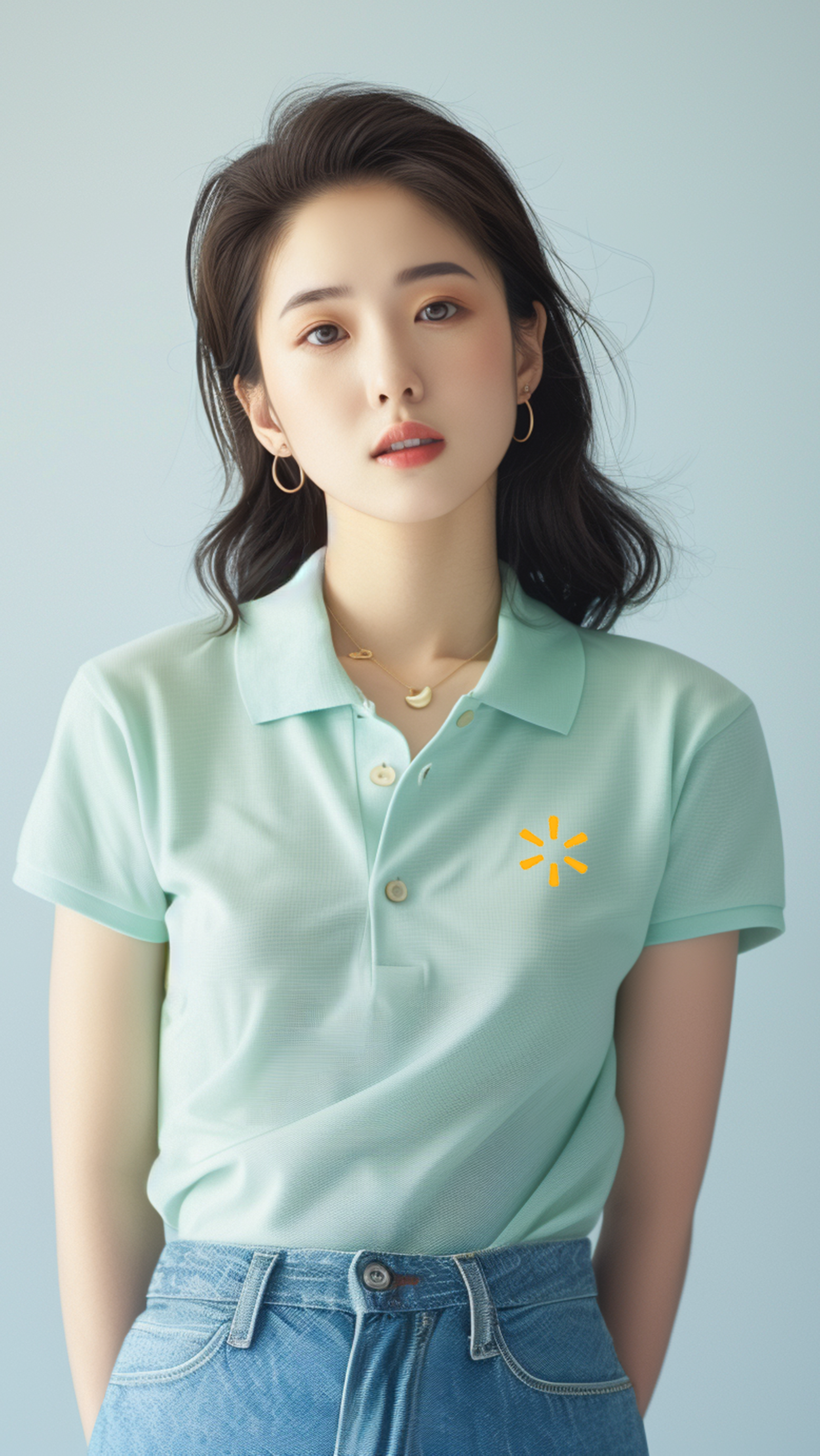 图片展示了一位女性，她身着浅绿色Polo衫，胸前有黄色标志，搭配蓝色牛仔裤，脖子上戴着金色项链和耳环。她的头发为黑色，自然垂落，背景为浅蓝色。此图位于介绍AI数字人访谈类视频幕后制作的文档中，可能是用于展示视频中AI数字人嘉宾的形象，与上下文提到的AI数字人作为神秘嘉宾上台祝福、献歌等内容相呼应。