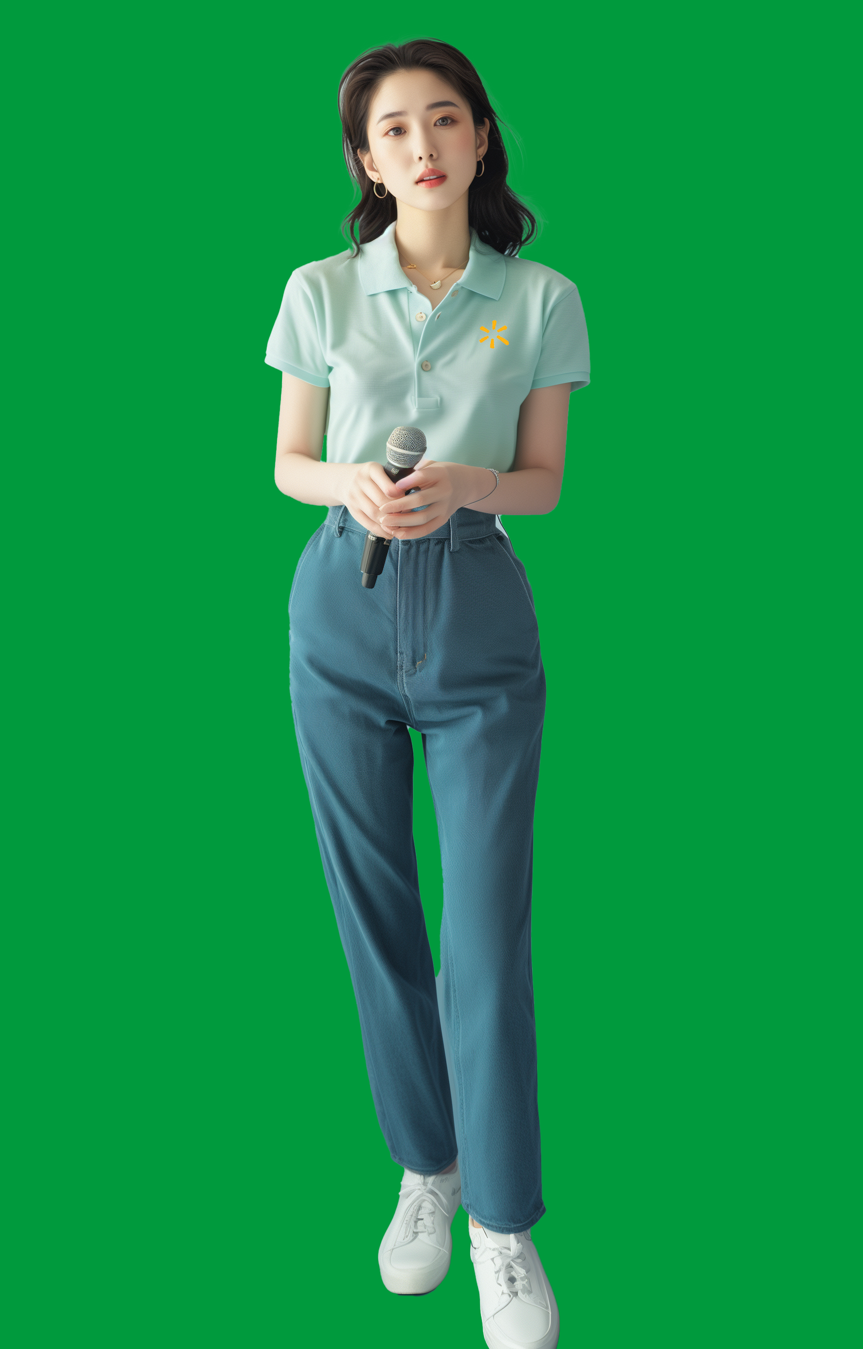 图片展示了一位身着浅绿色Polo衫和蓝色长裤的女性，她手持麦克风，站在绿色背景前。Polo衫左胸处有黄色星星图案，搭配白色运动鞋。此图位于介绍AI数字人访谈类视频幕后制作的文档中，可能是视频中AI数字人角色的呈现，与上下文提到的AI数字人作为神秘嘉宾、送上祝福和献歌等内容相呼应，直观呈现了角色形象。