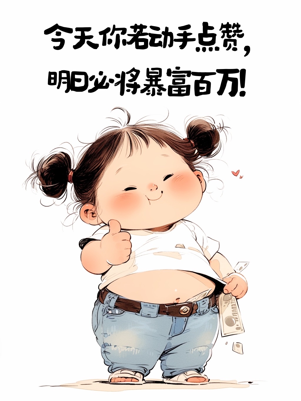 图片是一幅卡通插画，画面中有一个穿着白色T恤、蓝色牛仔裤的小女孩，扎着双丸子头，面带微笑，右手竖起大拇指，左手拿着一张钞票。上方有文字“今天你若动手点赞，明日必将暴富百万！”。这幅图位于文档结尾处，是对全文的鼓励与总结，意在激发读者动手点赞，以期未来获得成功，与文档中介绍AI数字人视频幕后制作的内容相呼应，起到鼓励创作的作用。