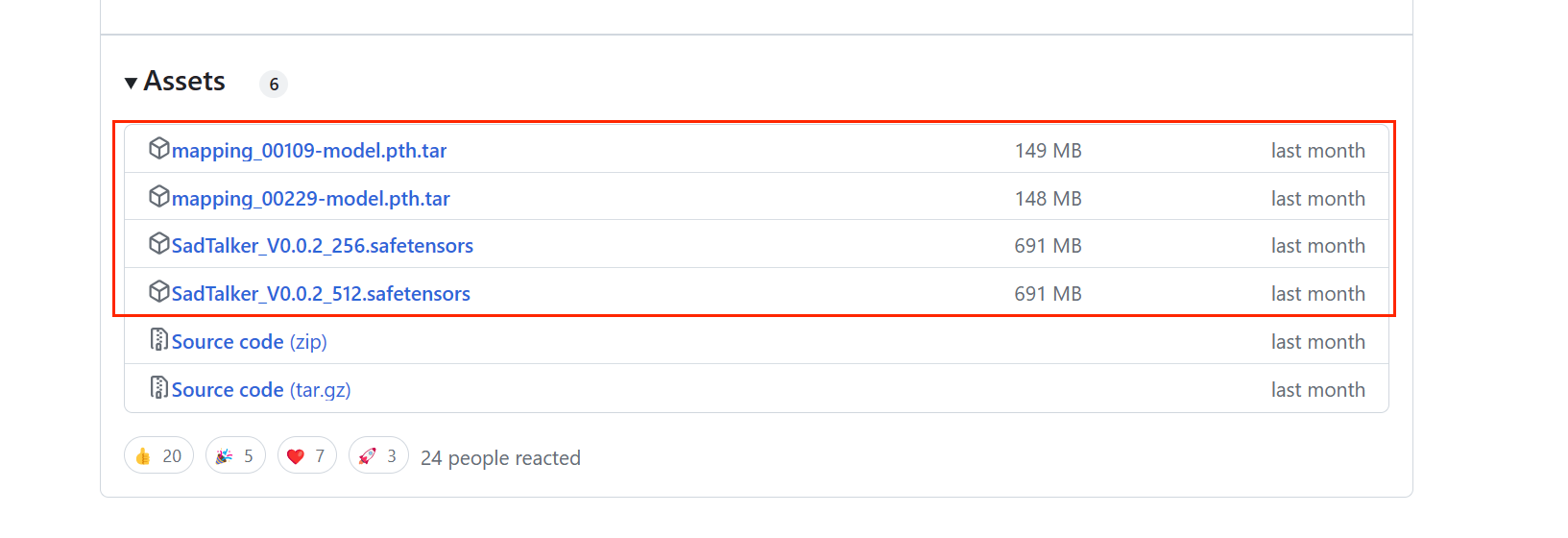 图片展示的是在https://github.com/OpenTalker/SadTalker/releases网页端下载SadTalker插件所需checkpoint文件的部分界面。图中红框圈出了首先要下载的4个文件,分别为mapping_0019 - model.pth.tar(149 MB)、mapping_00229 - model.pth.tar(148 MB)、SadTalker_V0.0.2_256.safetensors(691 MB)、SadTalker_V0.0.2_512.safetensors(691 MB)。这是文档中介绍checkpoint文件下载和配置时,网页端下载方式里首先要下载的部分内容,之后还需继续下滑界面下载另外8个文件。