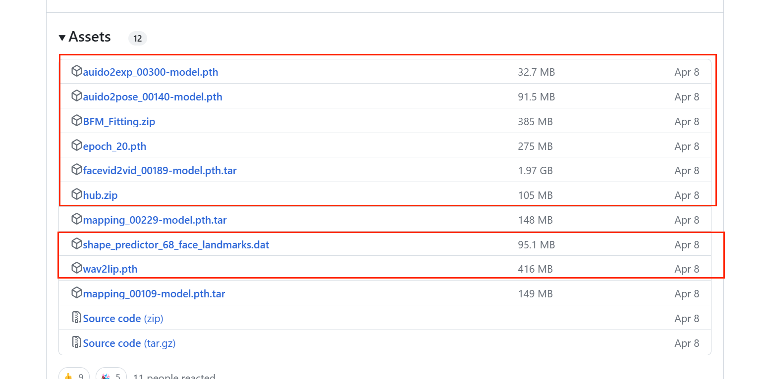 图片展示的是在https://github.com/OpenTalker/SadTalker/releases网页端下载SadTalker插件checkpoint文件的部分内容。画面中“Assets”下有多个文件,其中被红框突出显示的有audio2exp_00300-model.pth、audio2pose_00140-model.pth等共8个文件。这些文件是运行SadTalker插件所需基础模型的一部分。结合上下文,在该网页先下载4个文件,再下滑下载图中这8个文件,一共12个文件,下载完成后需将其放到指定路径D:\2023\ai\resource\stable-diffusion-webui\extensions\SadTalker\checkpoints下。