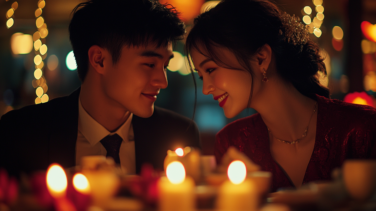 图片中,一对男女相对而坐,脸上洋溢着幸福的微笑。男子身着西装,女子穿着红色亮片裙,妆容精致,头发上还别着饰品。两人面前的桌上摆放着点燃的蜡烛,背景中灯光闪烁,营造出浪漫温馨的氛围。这张图片与上下文的关系是,它对应了文中提到的“和那个TA共进烛光晚餐”这一七夕浪漫场景,展现了情侣间甜蜜的时刻。