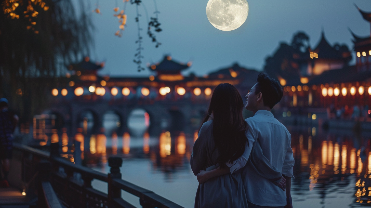 图片展现了七夕夜晚的浪漫场景。一对情侣相互依偎,背对着镜头,站在水边。他们仰头看向空中那轮皎洁的圆月。背景中,古色古香的建筑灯火辉煌,灯光倒映在波光粼粼的水面上,增添了几分诗意。岸边的柳枝低垂,营造出温馨甜蜜的氛围。此图与上下文相呼应,描绘出作者所憧憬的与恋人共度七夕的美好画面。