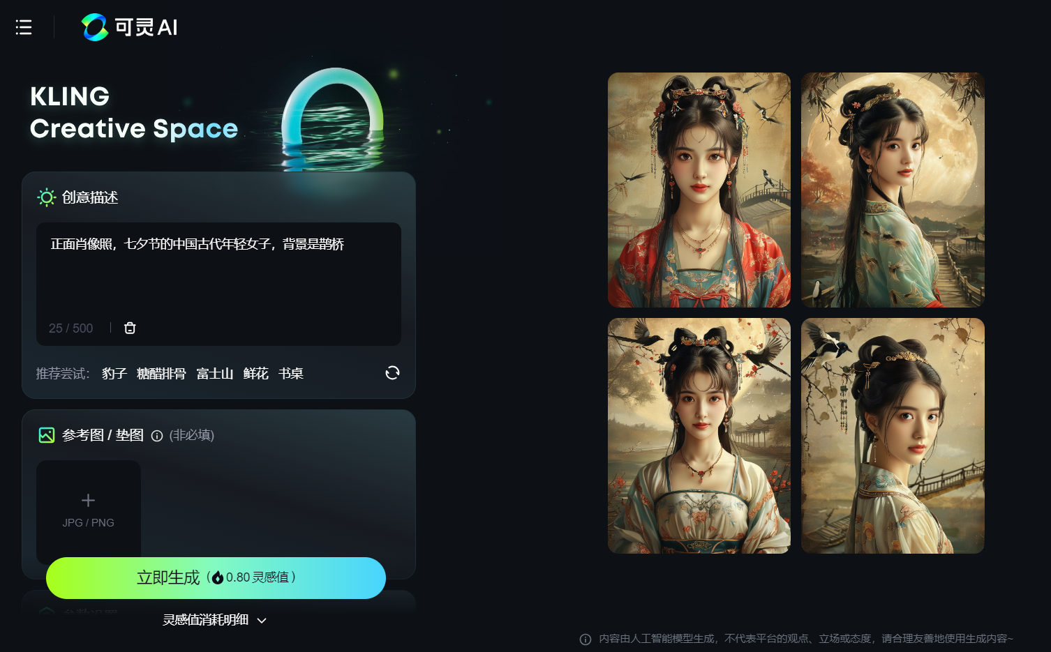 图片展示了可灵AI的创意空间界面。左侧“创意描述”框内写着“正面肖像照,七夕节的中国古代年轻女子,背景是鹊桥”。下方有参考图/垫图上传区域,以及“立即生成(0.80灵感值)”的绿色按钮。右侧呈现了四张生成的织女AI形象图,织女穿着古装,发饰精美,背景有鹊桥、明月、飞鸟等元素。此图与上文绘制织女AI形象的内容相呼应,展示了使用的提示词及生成的形象结果。